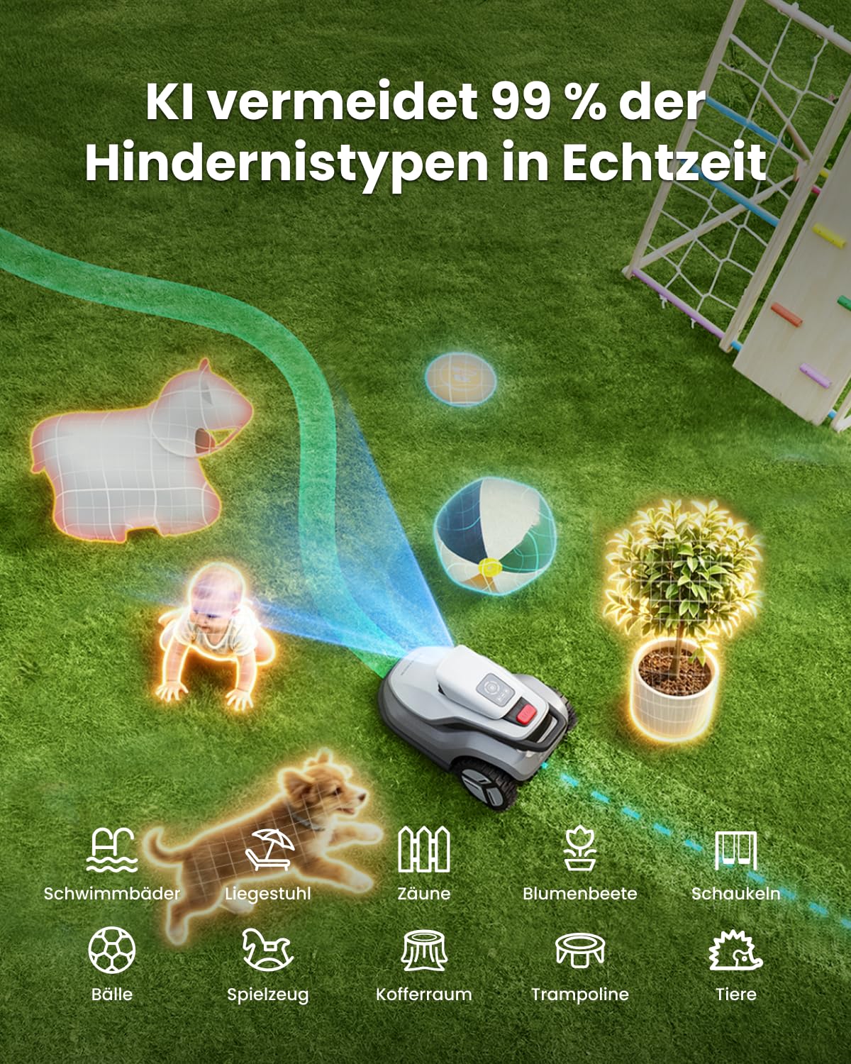 Mähroboter V600 kabellose KI-Navigation bis 600 m² 25–75 mm Schnitthöhe 32,5 % Steigung mit Garage