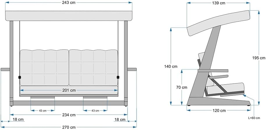 WESTMANN Hollywoodschaukel Luna 2600 | 260x139x195 cm Grau | Holzschaukel für bis zu 4 Personen inklusive Sonnenschutz