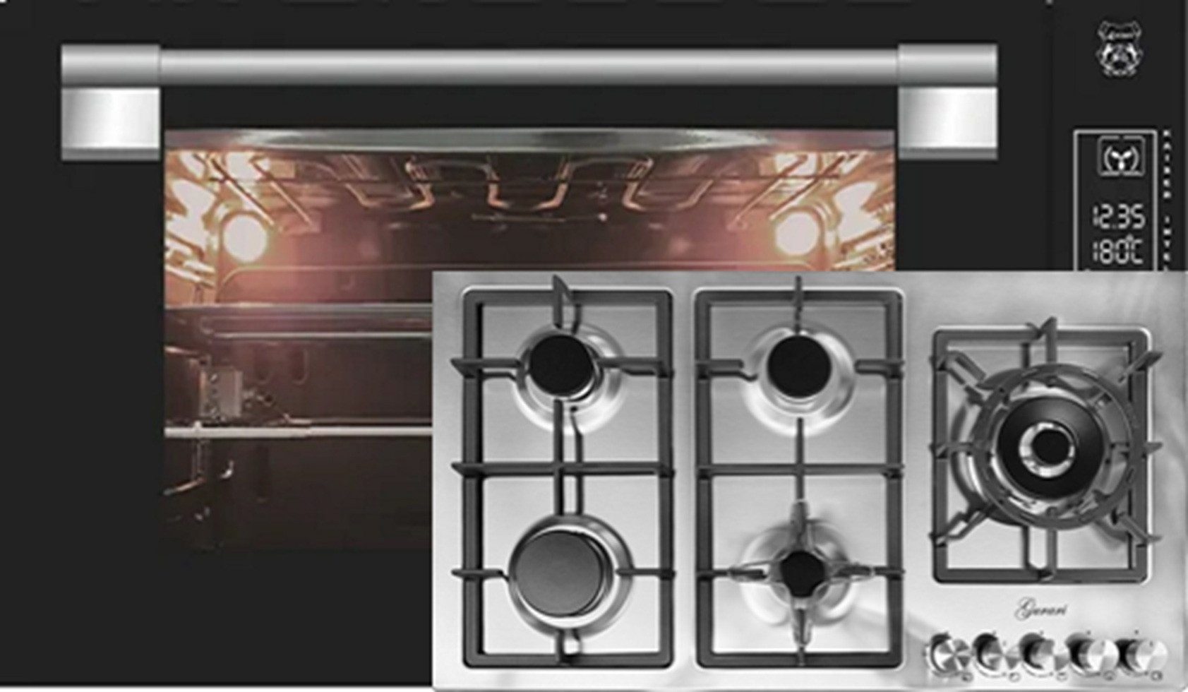 Backofen-Set Herd Set Autark Einbau Backofen 90 cm 105L Schwarzes Glas TouchControl+Gas-Kochfeld 90 cm EH 9309+FQ 905 VRGL