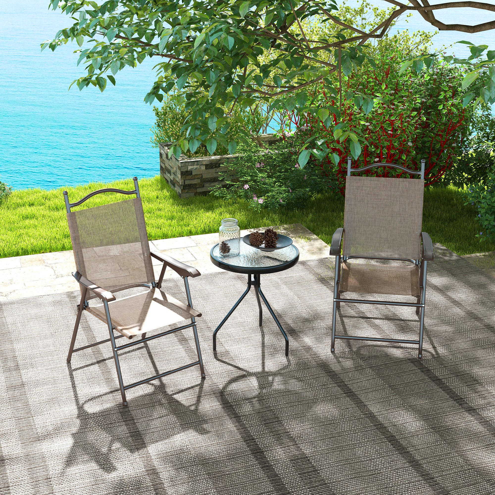 Outsunny Set 2 Faltbare Gartenstühle mit Armlehnen und Atmungsaktivem Netzgewebe, Braun