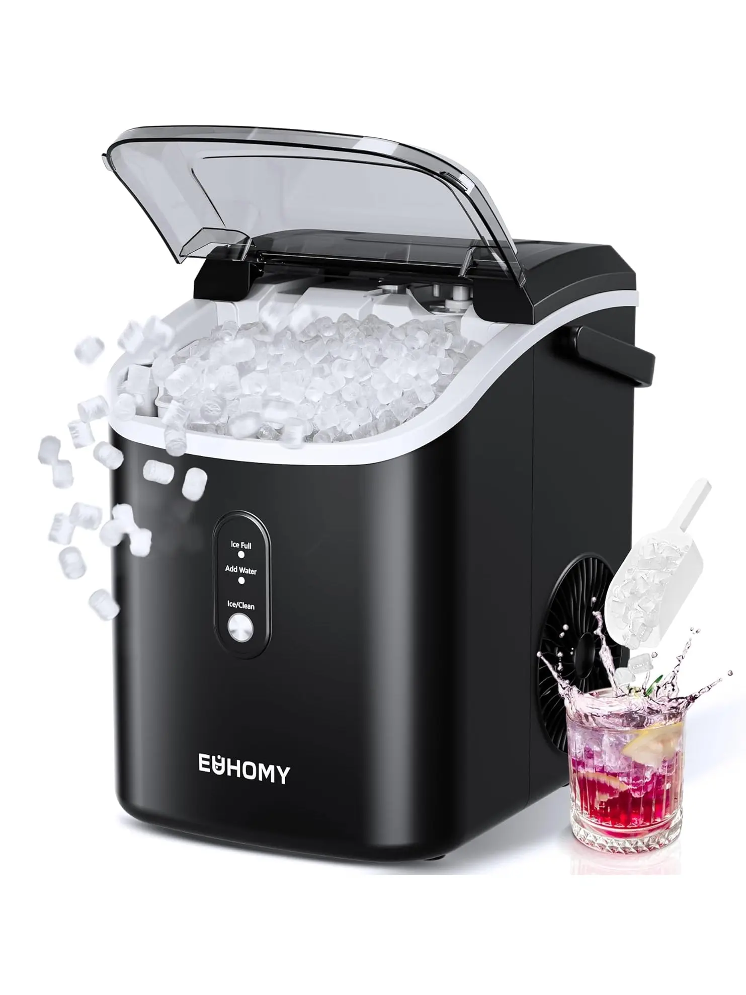 EUHOMY Nugget Ice Maker Countertop with Handle, Ready in 6 Mins, 34lbs/24H, Removable Top Cover, Auto Cleaning, Portable Sonic Ice Maker with Basket and Scoop, for Home/Party/RV/Camping. (Black)
