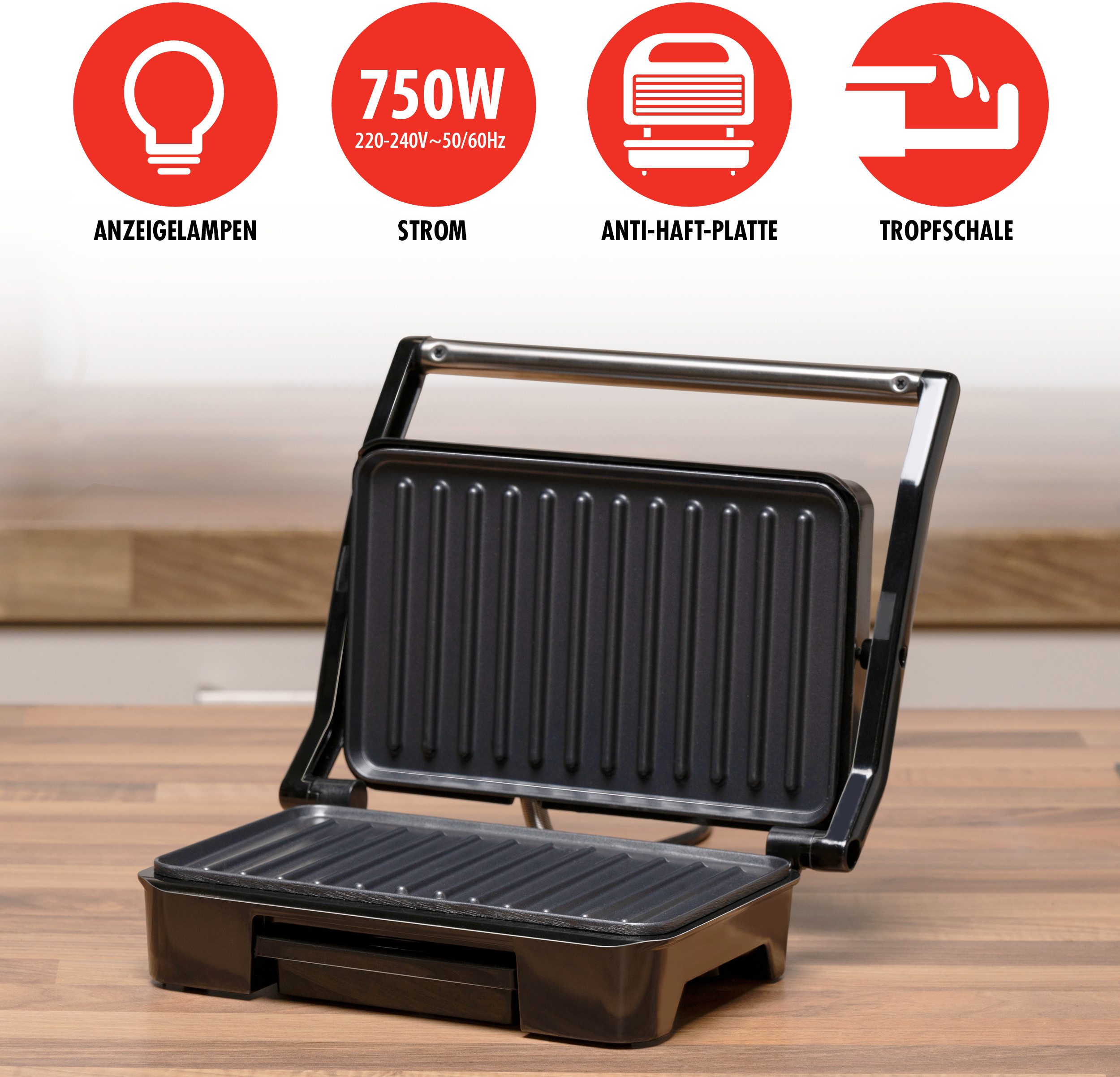 Paninigrill / Kontaktgrill 750W, Antihaft, Tropfschale, 23x14,5cm, Silber