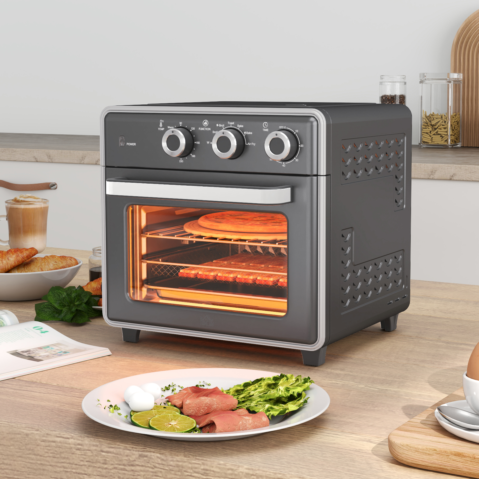 HOMCOM Minibackofen, 20L, 5 Funktionen, 360° Heißluft, Grillrost, Krümelblech, Grau