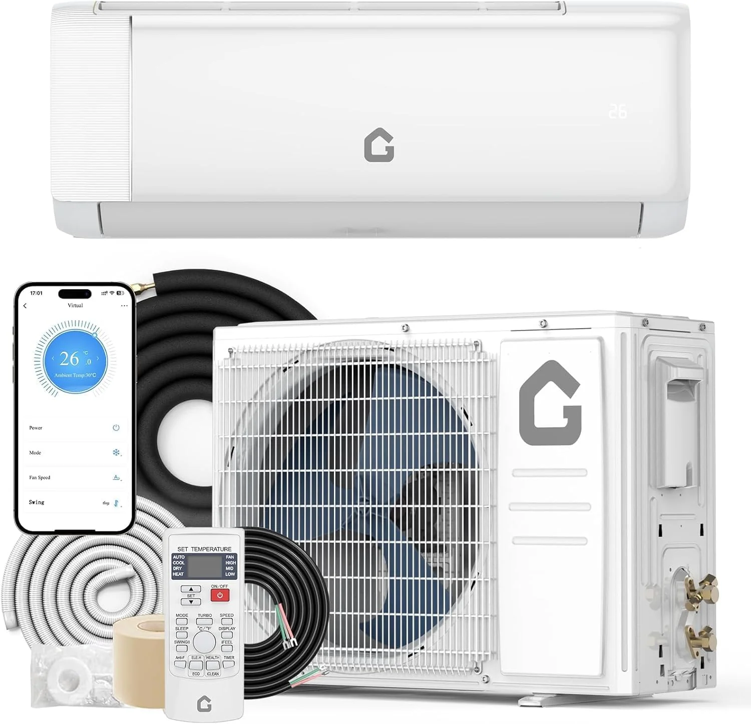 GarveeHome 12000 BTU Mini Split AC/Heating System, 230V, 18.5 SEER2 Inverter Split System Air Conditioners, Installation Kits