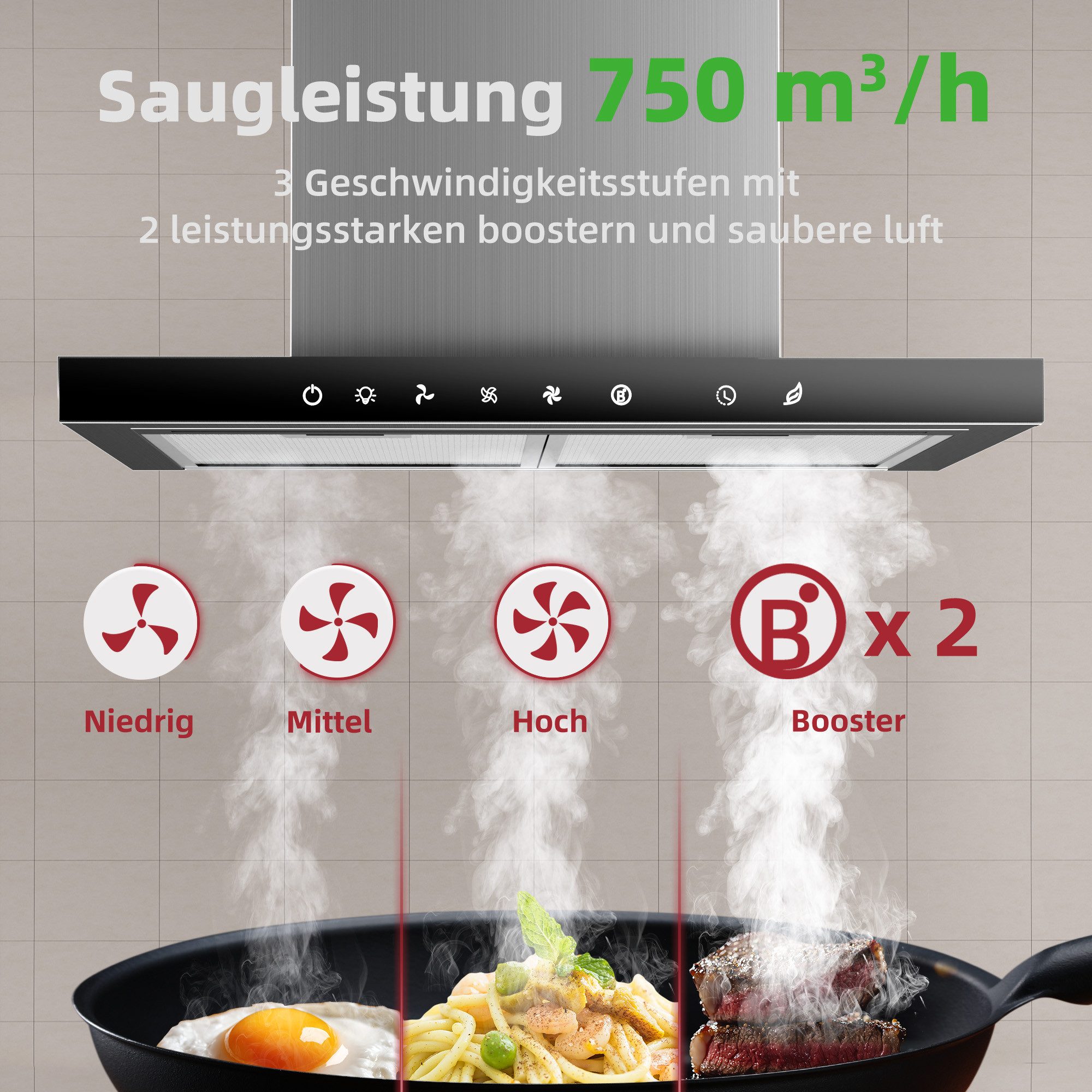 Wandhaube A+++ 750 m³/h Dunstabzugshaube 60cm Umluft & Abluft