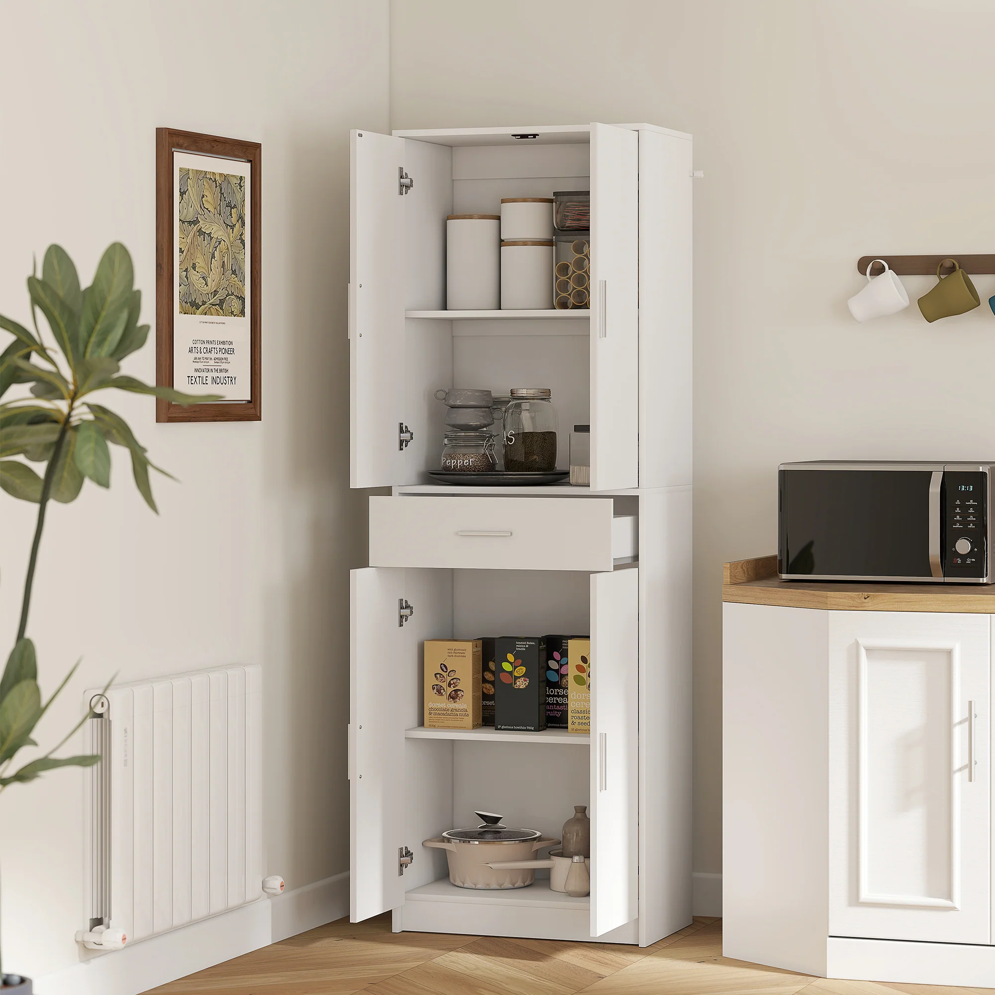 HOMCOM Keukenkast, 3-traps verstelbare planken, Spaanplaat, MDF, veel opbergruimte, Wit