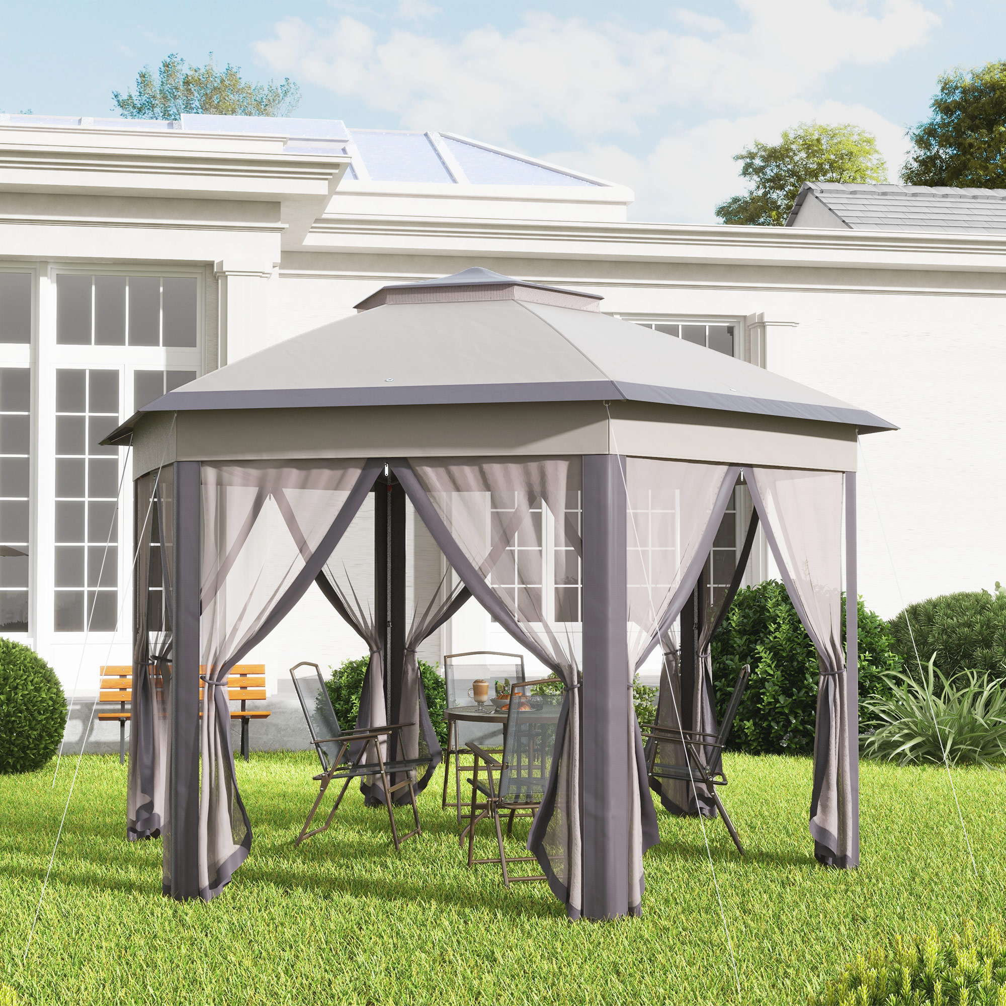 Outsunny Pavillon 4x4m Wasserdicht Pop-up sechseckiger Faltpavillon, Doppeldach, Gartenpavillon mit 6 Seitenteilen, Partyzelt inkl. Tragetasche, für Garten, Terrasse, Festival, Kaffee+Beige