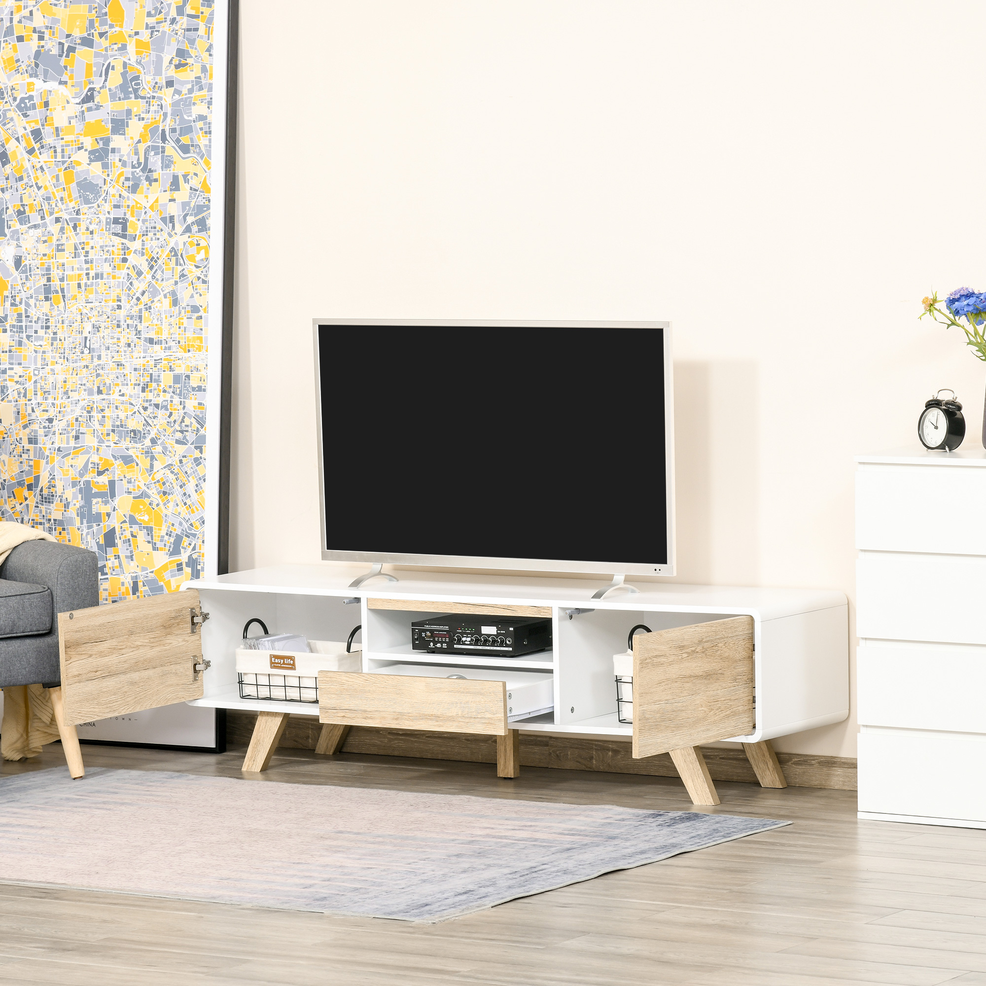 HOMCOM TV Schrank TV Lowboard Kommode für Fernseher kleiner als 60'' mit Push-In-Design Schublade Wohnzimmer MDF Weiß+Natur 160 x 40 x 45 cm