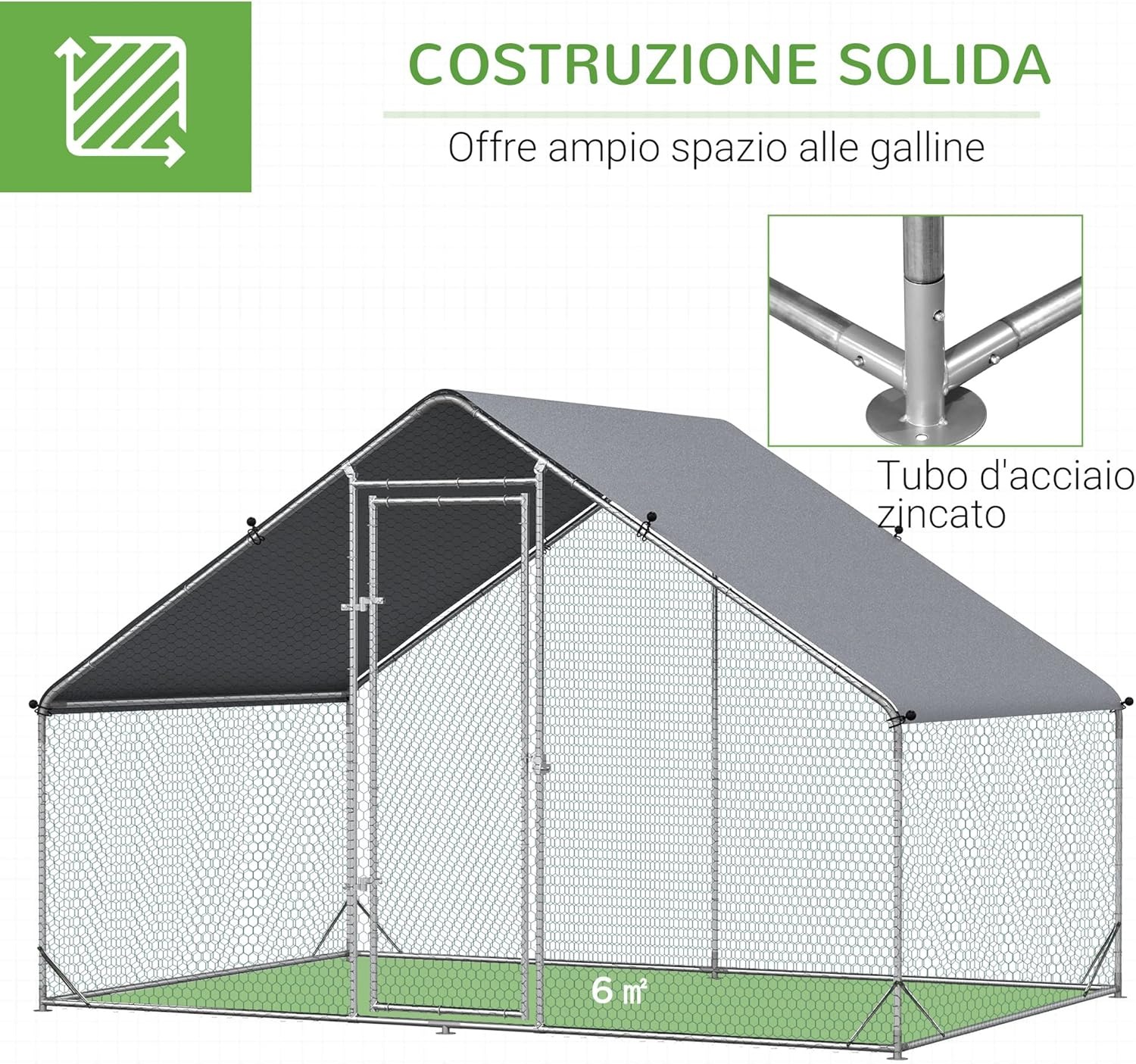 PawHut Pollaio da Esterno con Telaio Zincato e Rete Esagonale, Pollaio per Galline da Esterno con Copertura in Tessuto Impermeabile per 16-24 Polli, Anatre e Conigli, 3x8x2m