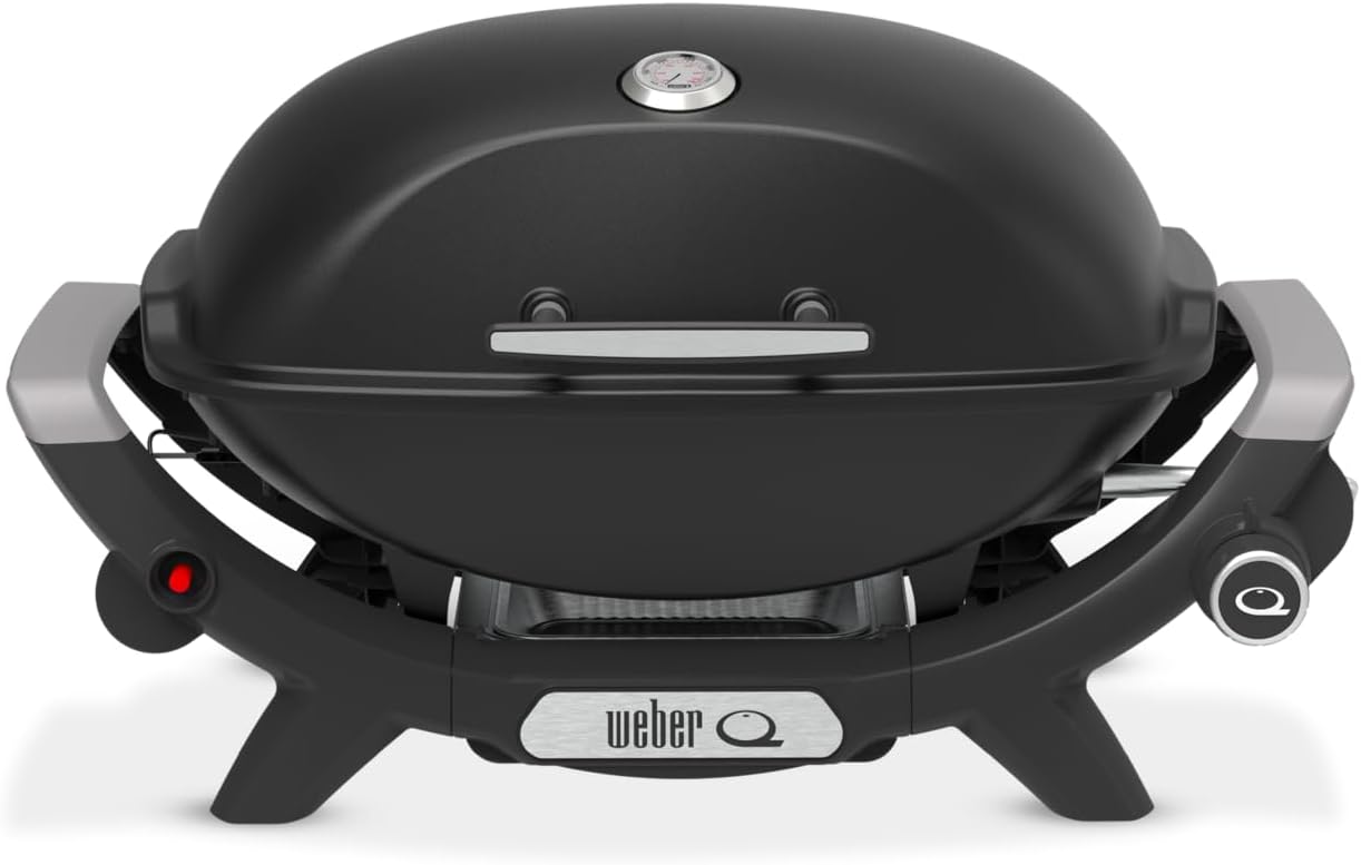 Weber Q2100N Gasgrill, 53 x 38cm Grillfäche, portabler BBQ Grill, 1 Brenner, hoher Deckel, 2-geteilter porzellanemaillierter Guss-Grillrost - Schwarz (1501088)