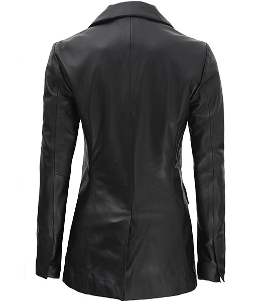 Women Double Breasted Black Leather Coat
