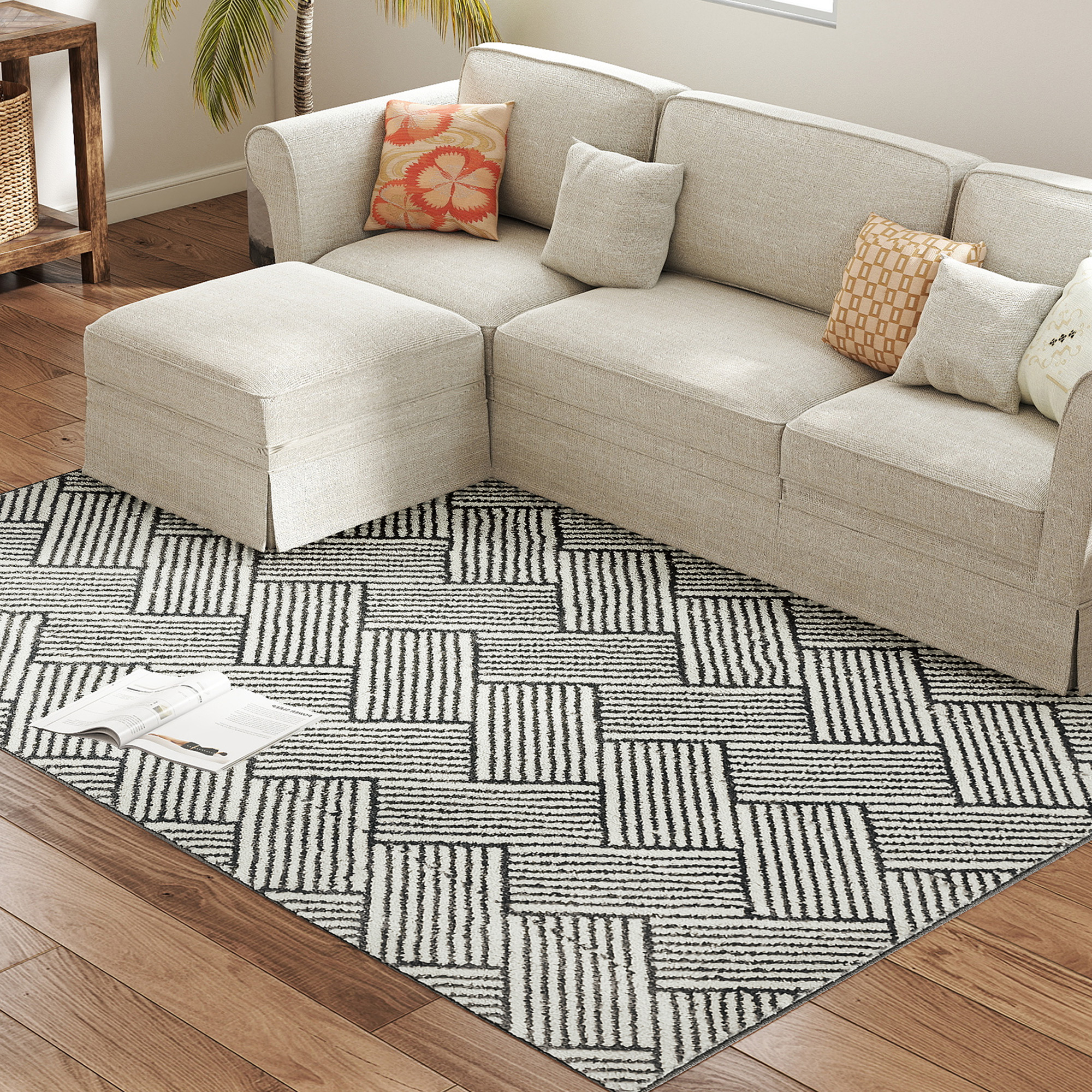 HOMCOM Teppich für Wohnzimmer 200 x 140 cm kurzer Flor maschinenwaschbar hypoallergen für Wohnzimmer, Schlafzimmer, Büro, hellgrau
