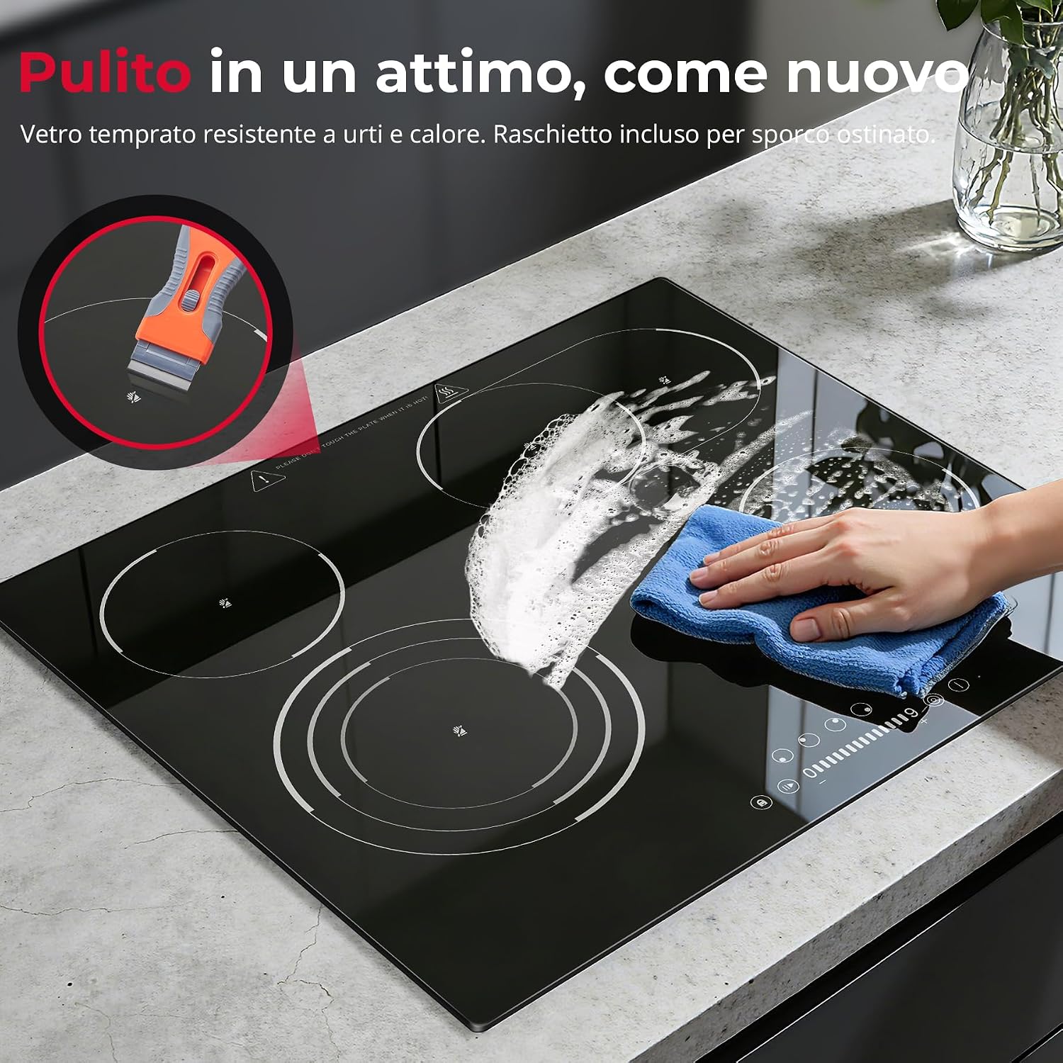 SNDOAS Piano Cottura Vetroceramica 4 Fuochi, 6700W, Zona Ovale & a 3 Anelli