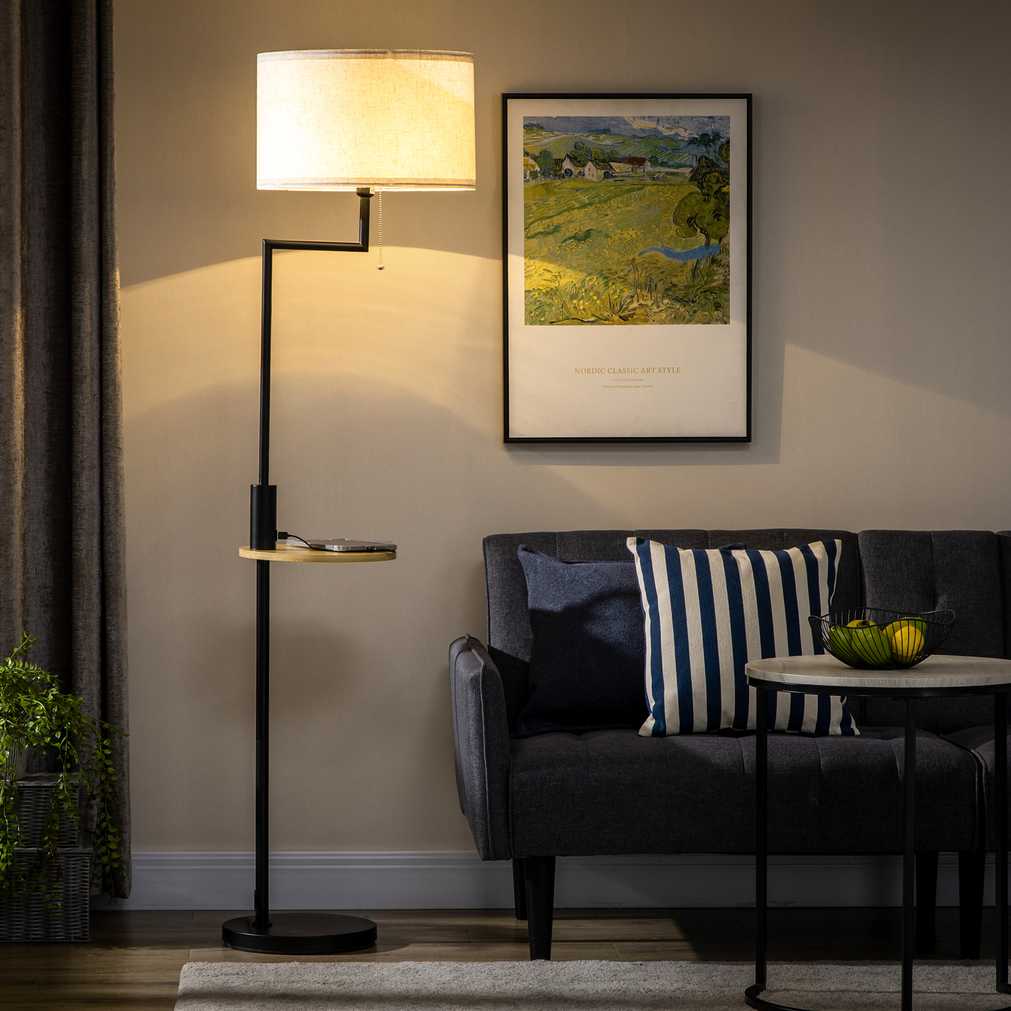 HOMCOM Stehleuchte inkl. Regal, Standleuchte, Kettenzug, E 27, 40 W, Bambus, Natur + Schwarz