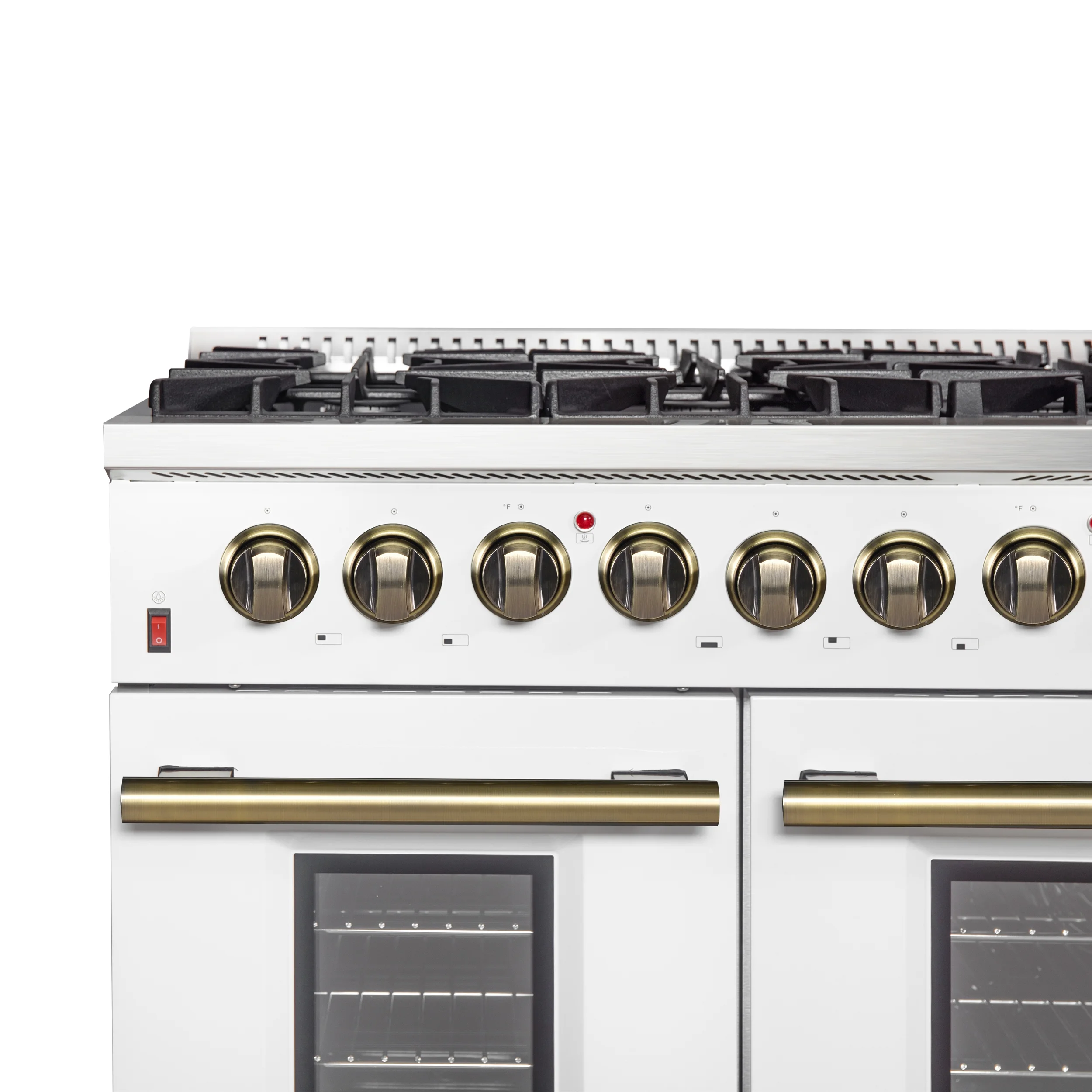 Galiano 48-inch Dual Fuel Range White  Antique Brass Design with 8 Sealed Burners 107,000 BTU, 6.58 cu. ft. double ovens  Griddle