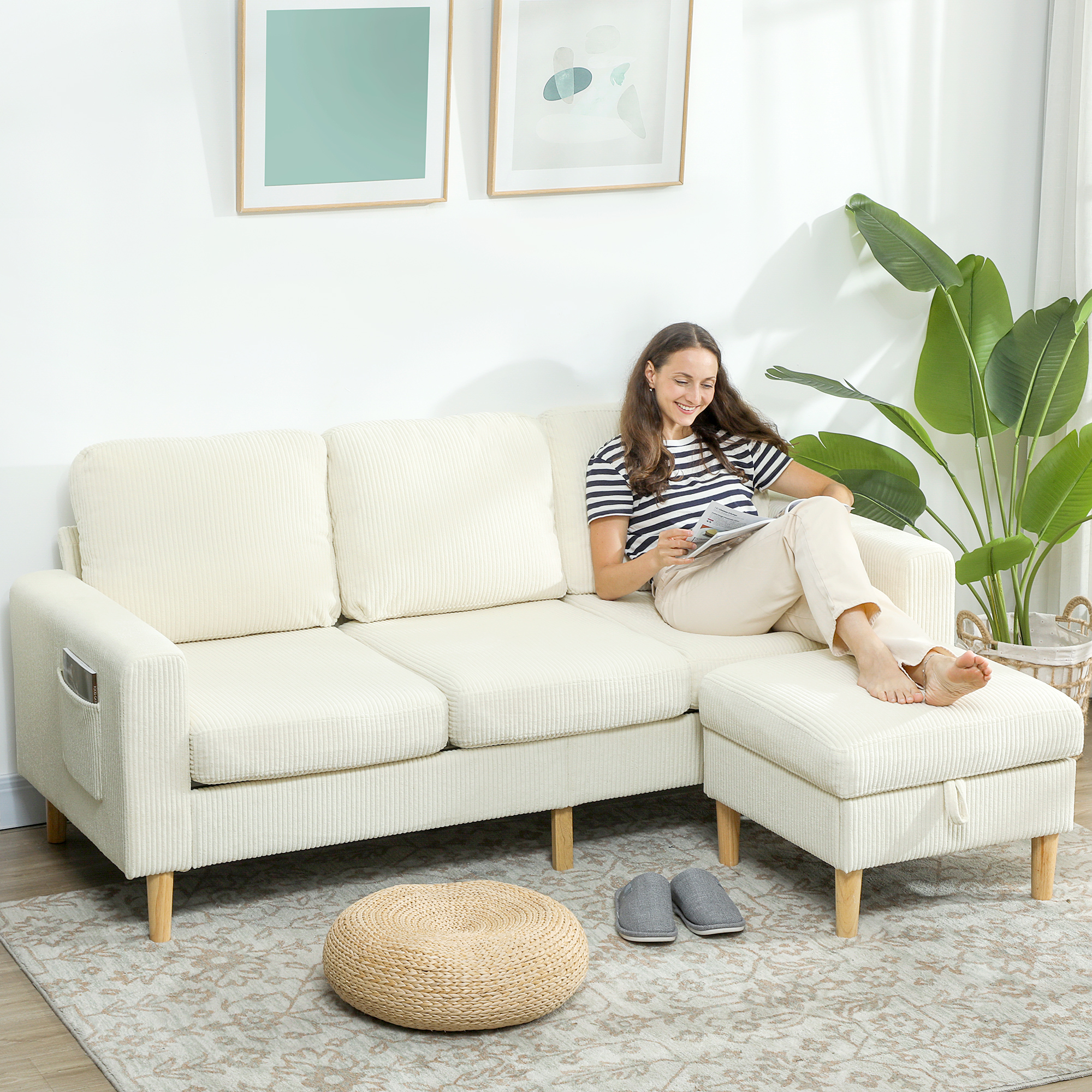 HOMCOM 3-Sitzer-Sofa mit Hocker, Rippenvelours-Sofa, gepolsterte Sitzfläche und Rückenlehne, 192x138x85cm, Beige