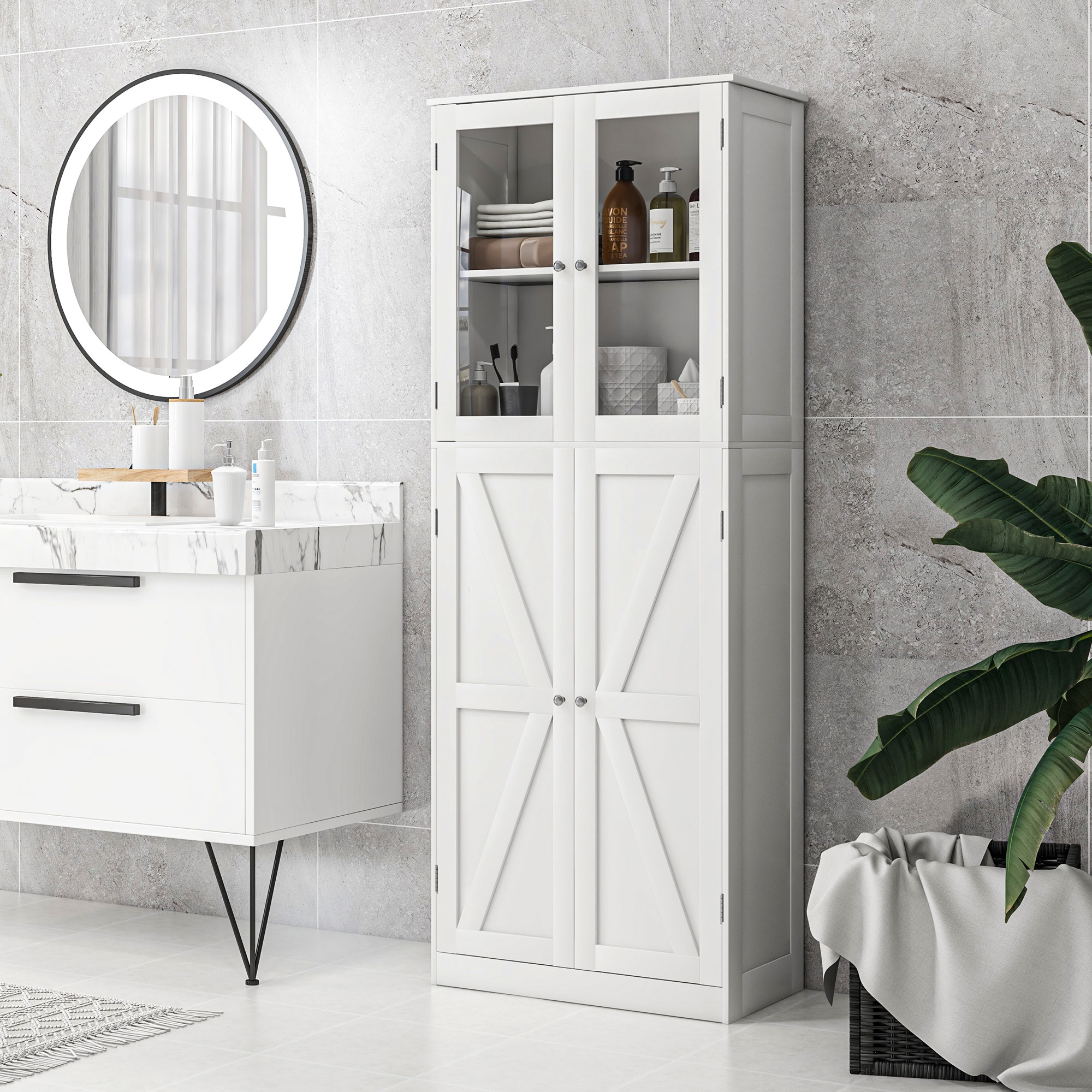 HOMCOM Badezimmerschrank, Aufbewahrungsschrank, mit Doppeltüren aus gehärtetem Glas, 60 x 30 x 160 cm, weiß