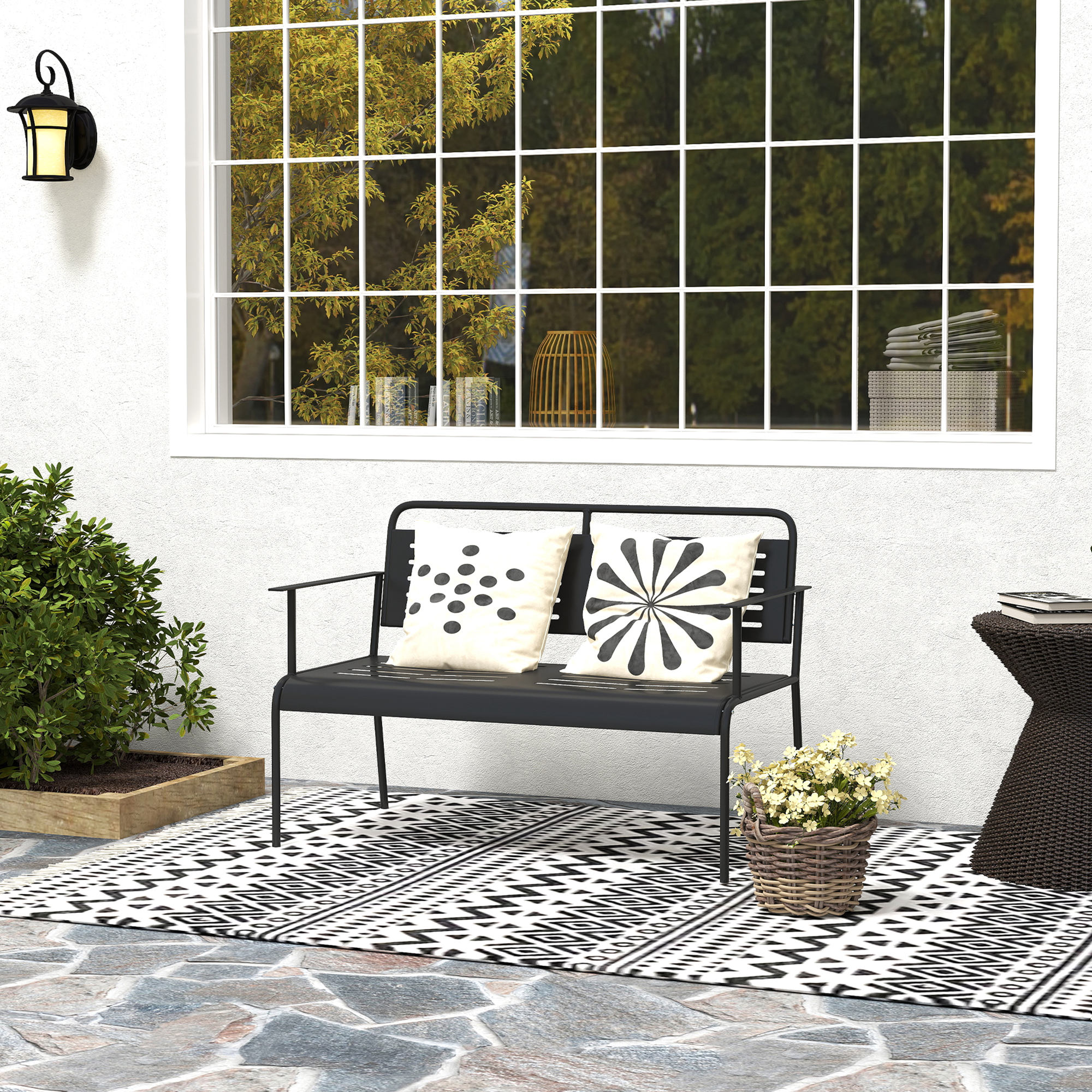 Outsunny -Sitzer Gartenbank, wetterfest Sitzbank, wasserabweisend Gartenmöbel mit Rücken- & Armlehnen 121 x 64 x 84cm, Schwarz