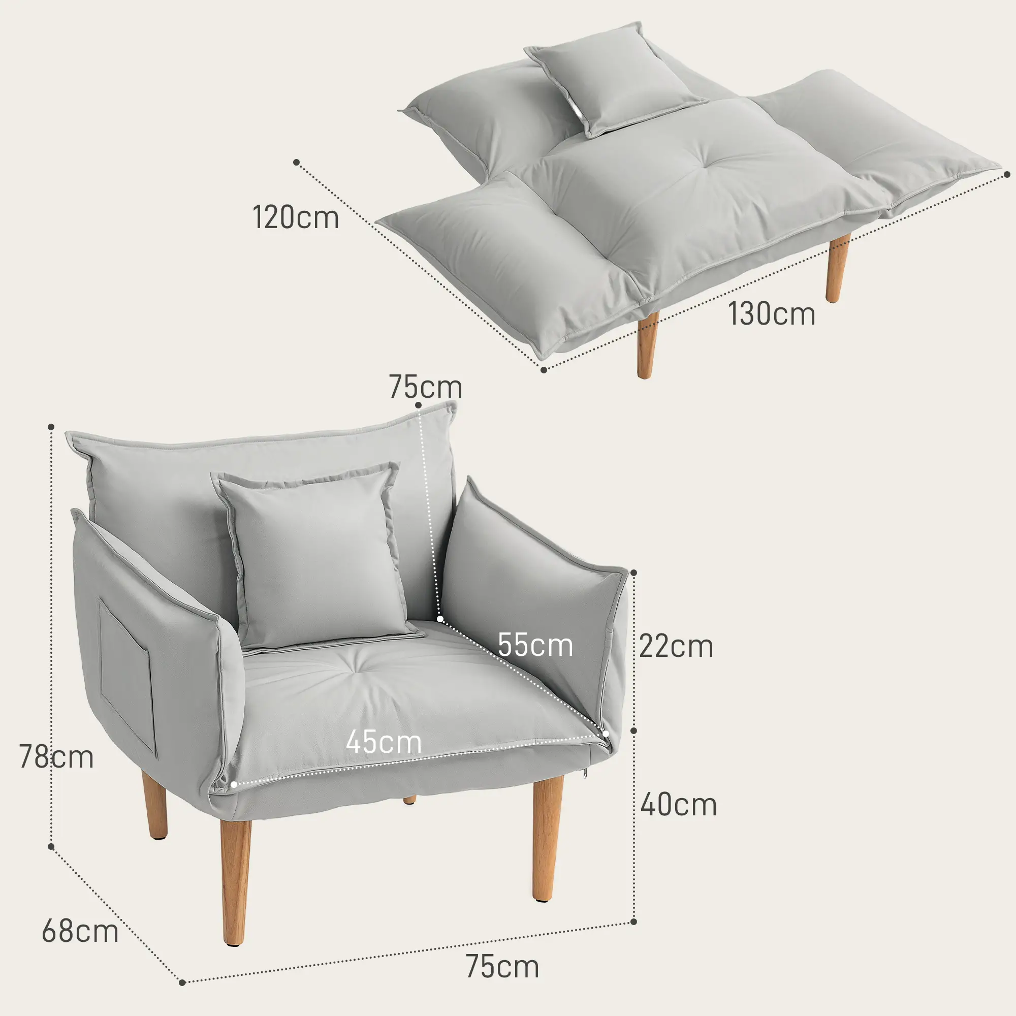 HOMCOM Schlafsessel mit 5-fach verstellbarer Rückenlehne 2in1 Bodensofa