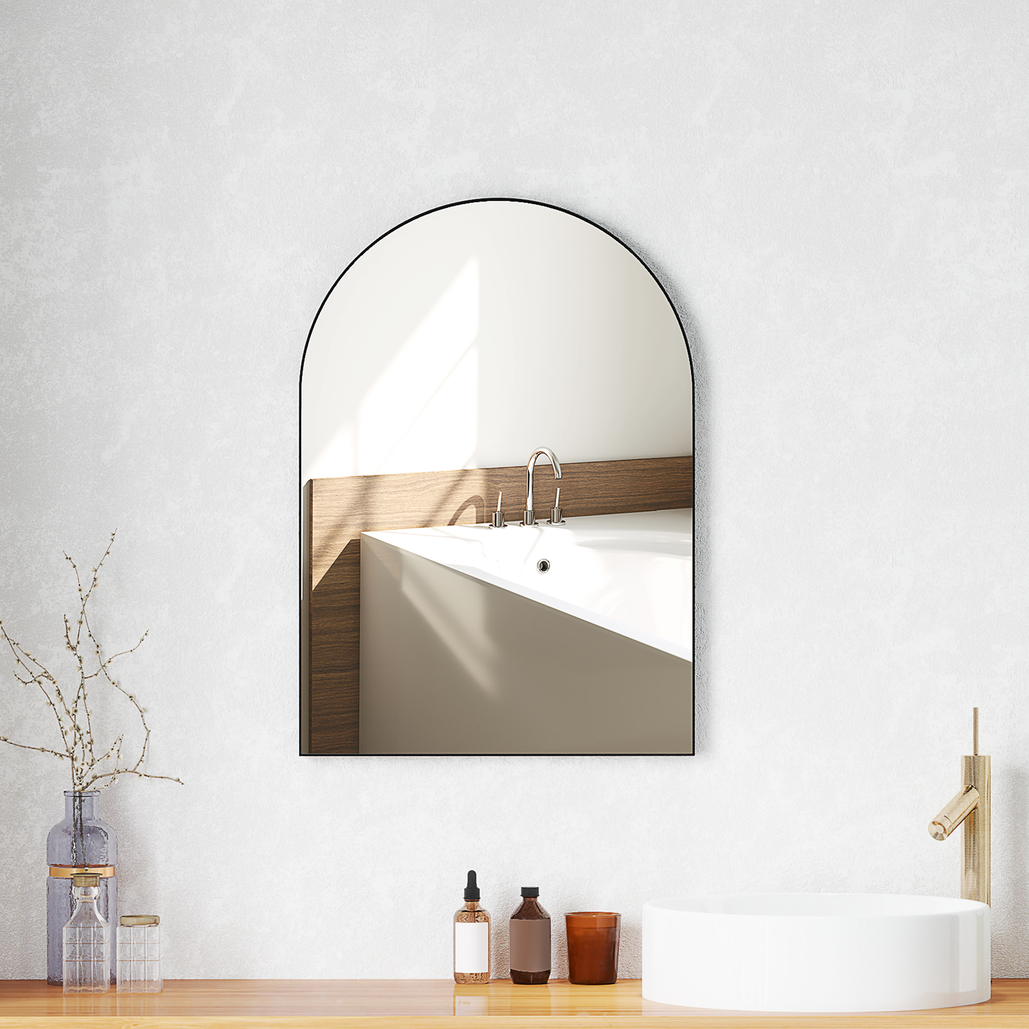 HOMCOM Gebogener Badezimmerspiegel, 50 x 70 cm, Bad-Spiegel mit Aluminium-Rahmen, Deko-Spiegel, Küche, Schwarz