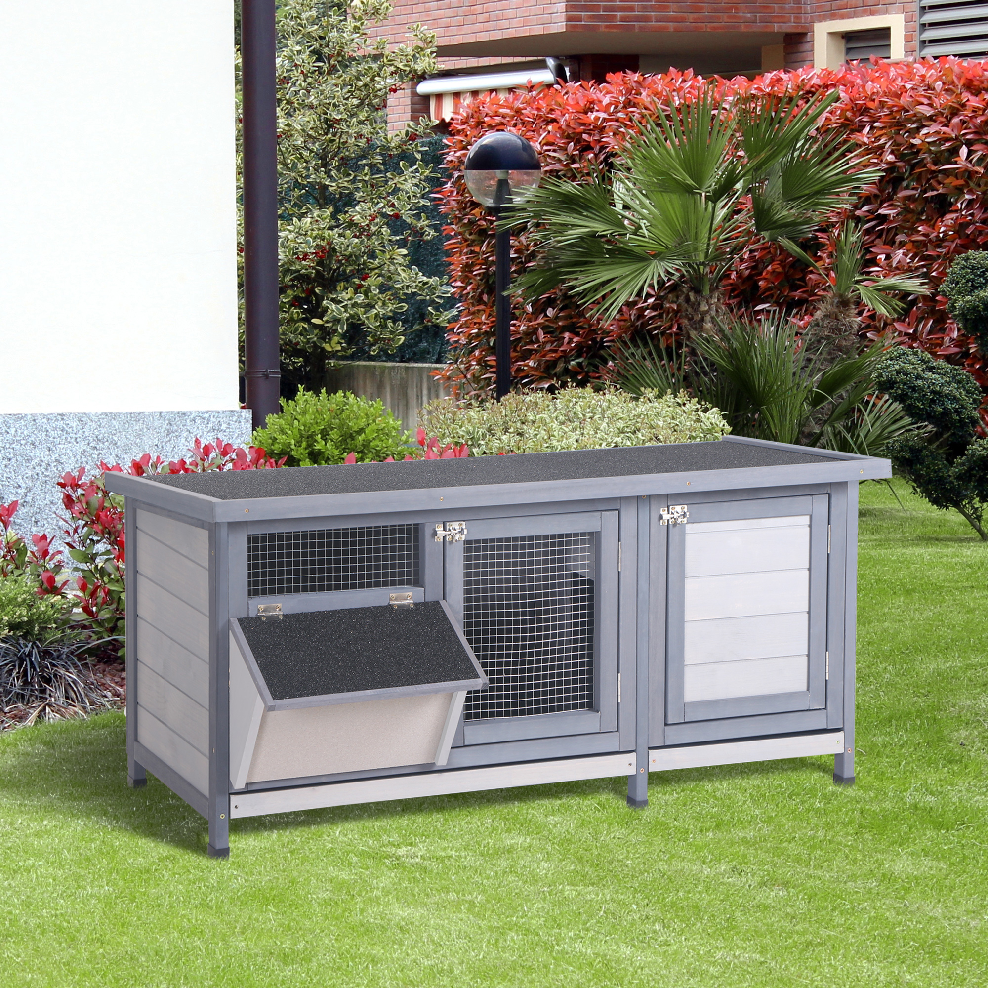 PawHut Kleintierstall Kleintierkäfig mit Bodenwanne Kleintierhaus mit Asphaltdach und Futtertrog Outdoor Indoor Tannenholz Grau+Schwarz 112 x 50 x 54 cm