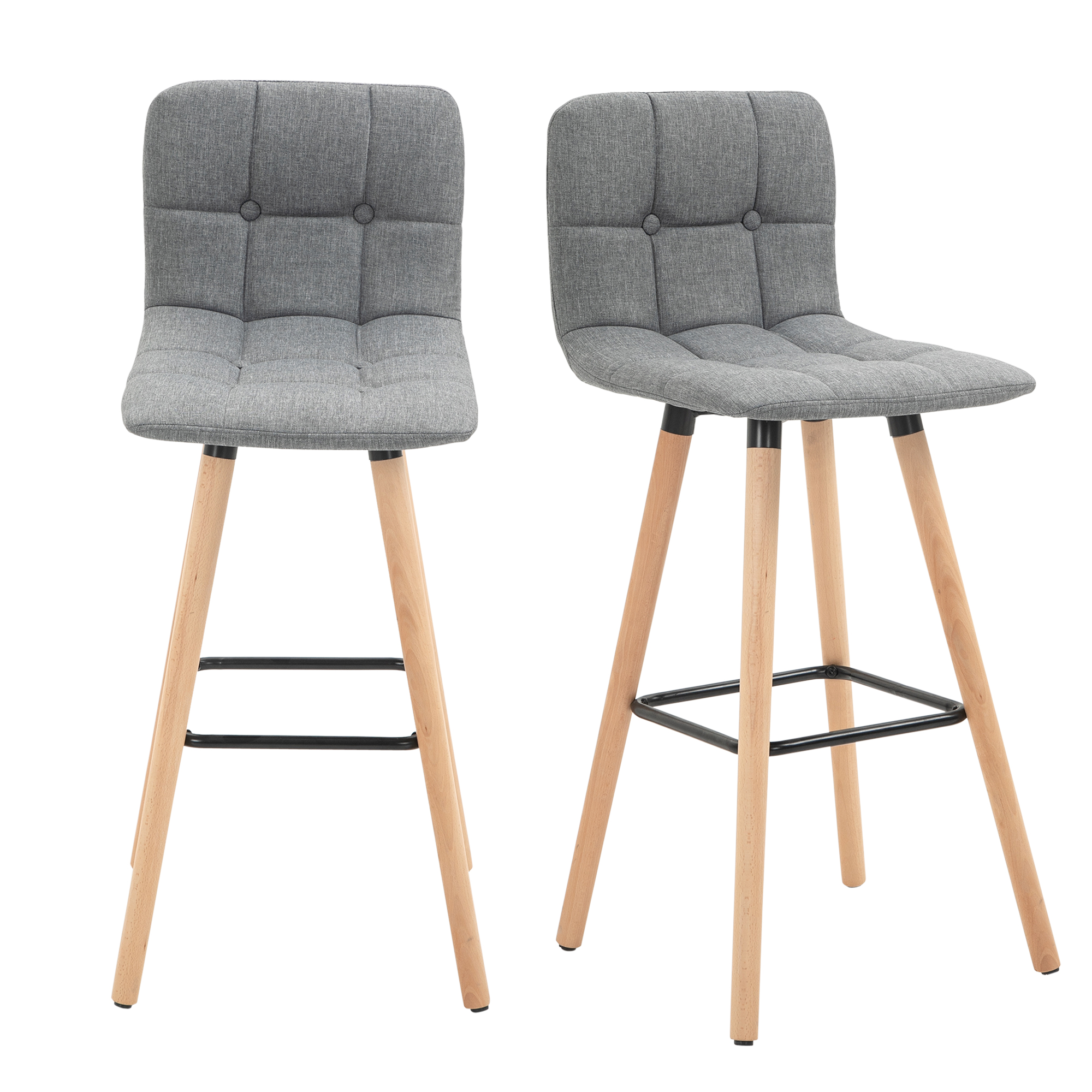 HOMCOM Set 2 Barhocker mit Rückenlehne und Fußstütze, Gepolsterter Stoffsitz und Holzbeine, 41,5x47x97,5, Grau