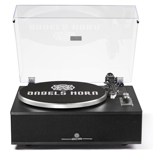 ANGELS HORN Giradischi Vinile Bluetooth | Giradischi Hi Fi a 2 velocità con altoparlanti integrati | Include preamplificatore Phono & Cartuccia magnetica AT 3600L | Edizione classica nera : Strumenti Musicali