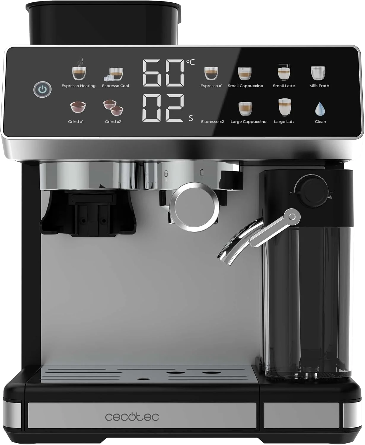 Cecotec Kaffeemaschine, 1350 W, 20 bar, 2,6 l, Schwarz/Silber, Barista Power Espresso ista Grind & Latte, konische Mühle