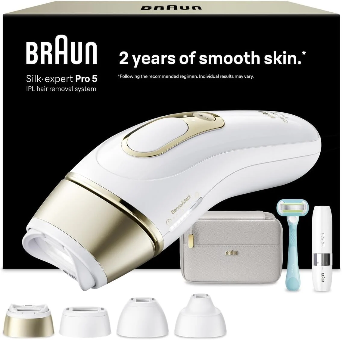 Braun Silk·Expert Pro 5 Epilierer mit Lichtimpuls, PL5412 Gold, Laser-Haarentfernung für Damen zu Hause, 4 Köpfe, permanente Haarentfernung, Hülle