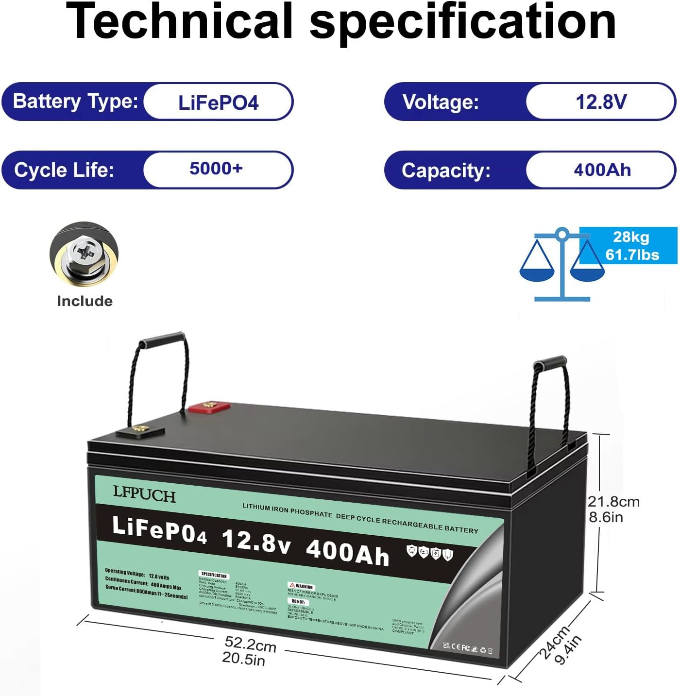 LiFePO4 Batterie 12V 400Ah, Lithium Eisenphosphat anstelle von Auto AGM oder Deep Cycle-Batterie, für Wohnmobil, Boot, Solaranlage, usw