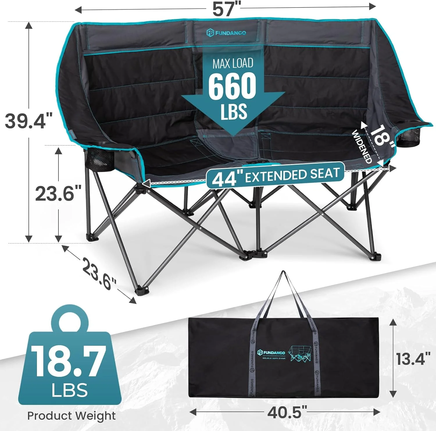 Double Camping Chair with Cooler 3 Person Folding Oversized Loveseat Camp Chairs