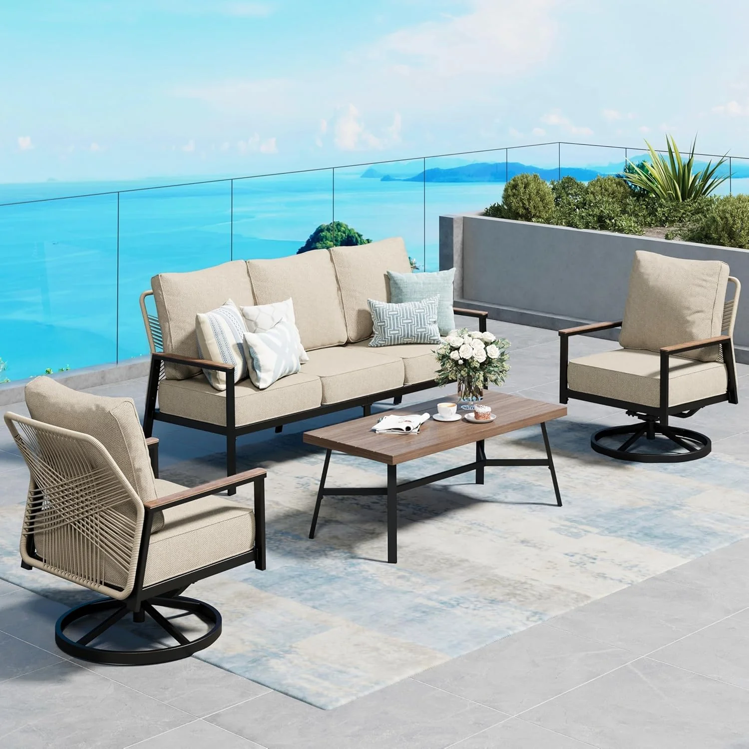 4 Piece Patio Furniture Set with Swivel Chairs