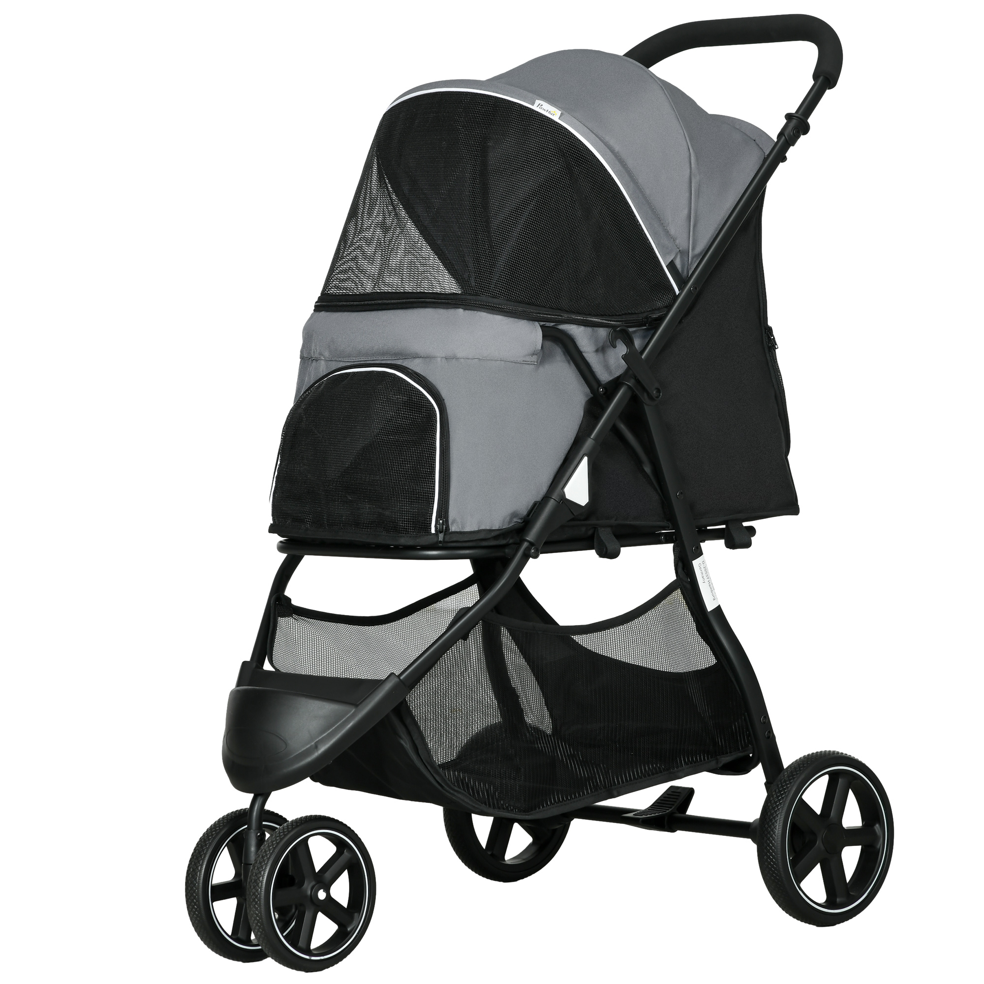 PawHut Hundekatzenwagen Haustierklappbar 2 Sicherheitsleinen EVA-Räder verstellbarer Griff Korb 83 x 55 x 101 cm grau