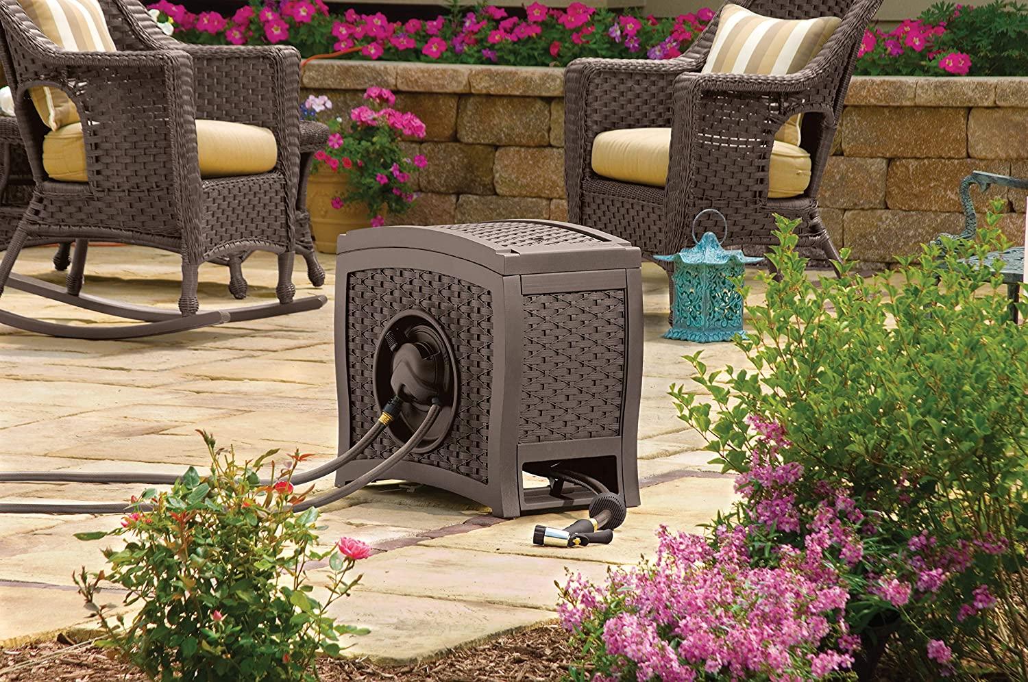 Suncast Aquawinder 125' Wicker Garden Hose Reel – Lightweight Portable Hands-Free Water Powered Retractable Hose Reel – Java