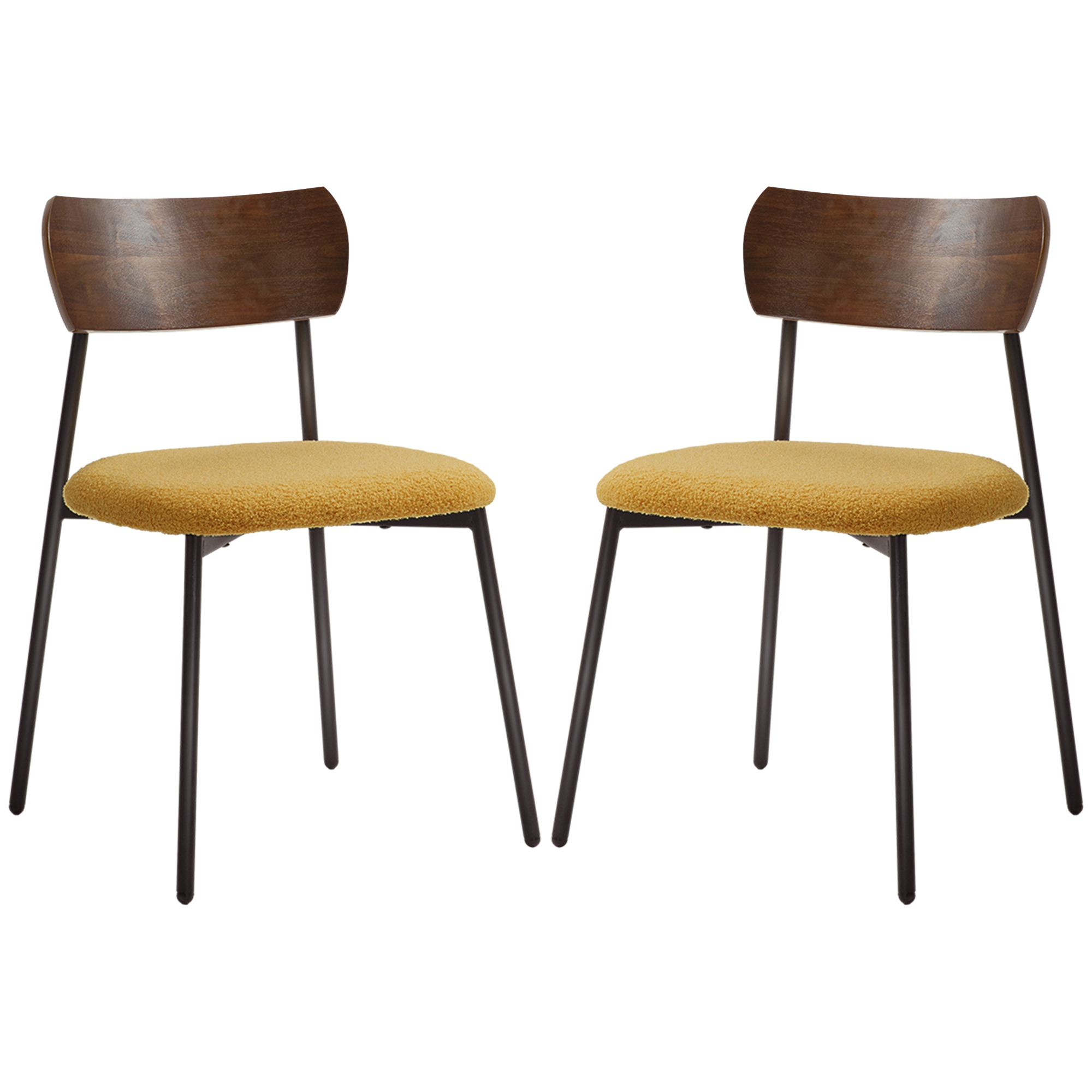 HOMCOM Set von 2 Esszimmerstühlen mit Fellstoff-Sitz, gebogener Holz-Effekt-Rückenlehne, Innenbereich, Gelb