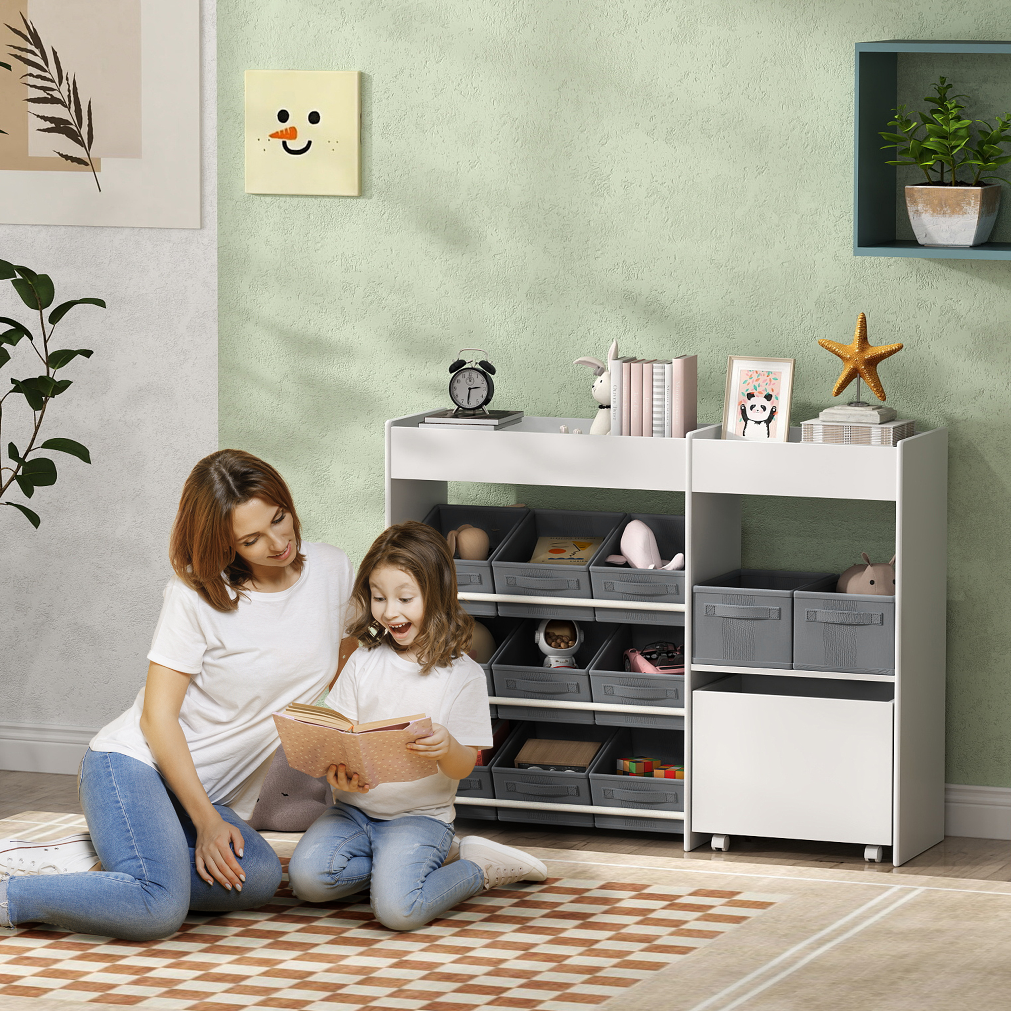 AIYAPLAY Kinder-Aufbewahrungsregal, Spielzeugschrank für Kinder mit 11 Stoffboxen, oberen Fächern, 3 Stickern, Weiß