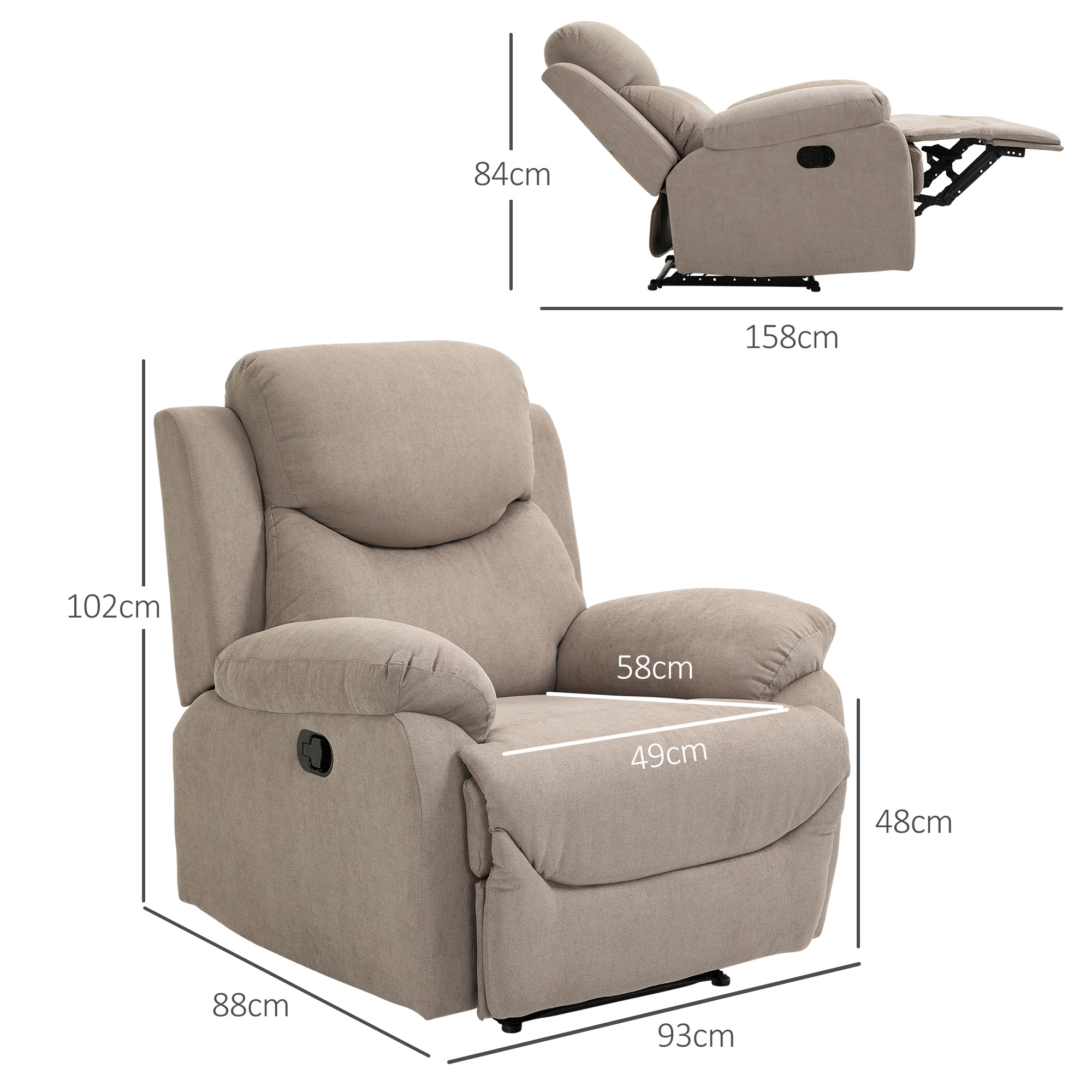 relaxfauteuil enkele sofa ligbed kantelbaar 150 ° TV-fauteuil linnen beige 97 x 96 x 105,5 cm