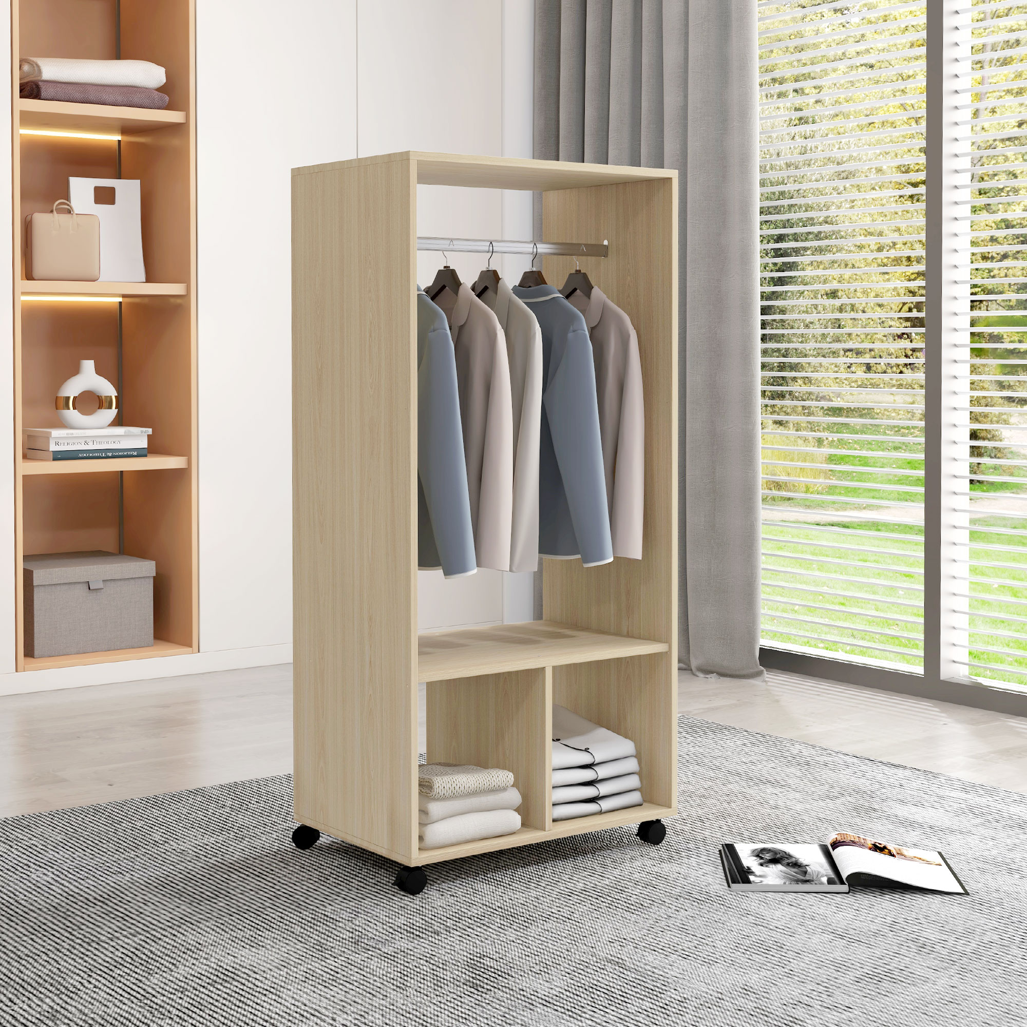 HOMCOM Schrank mit Regal 2 Fächer Kleiderstange 4 schwenkbare Rollen Maße 60L x 40B x 128H cm Naturholz