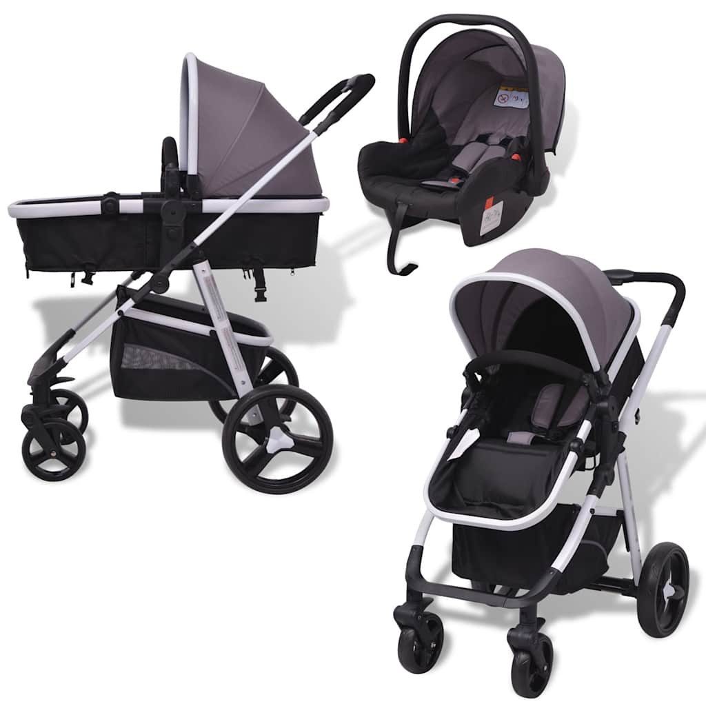 Kinder-Buggy 3-in-1 Kinderwagen Aluminium Grau und Schwarz