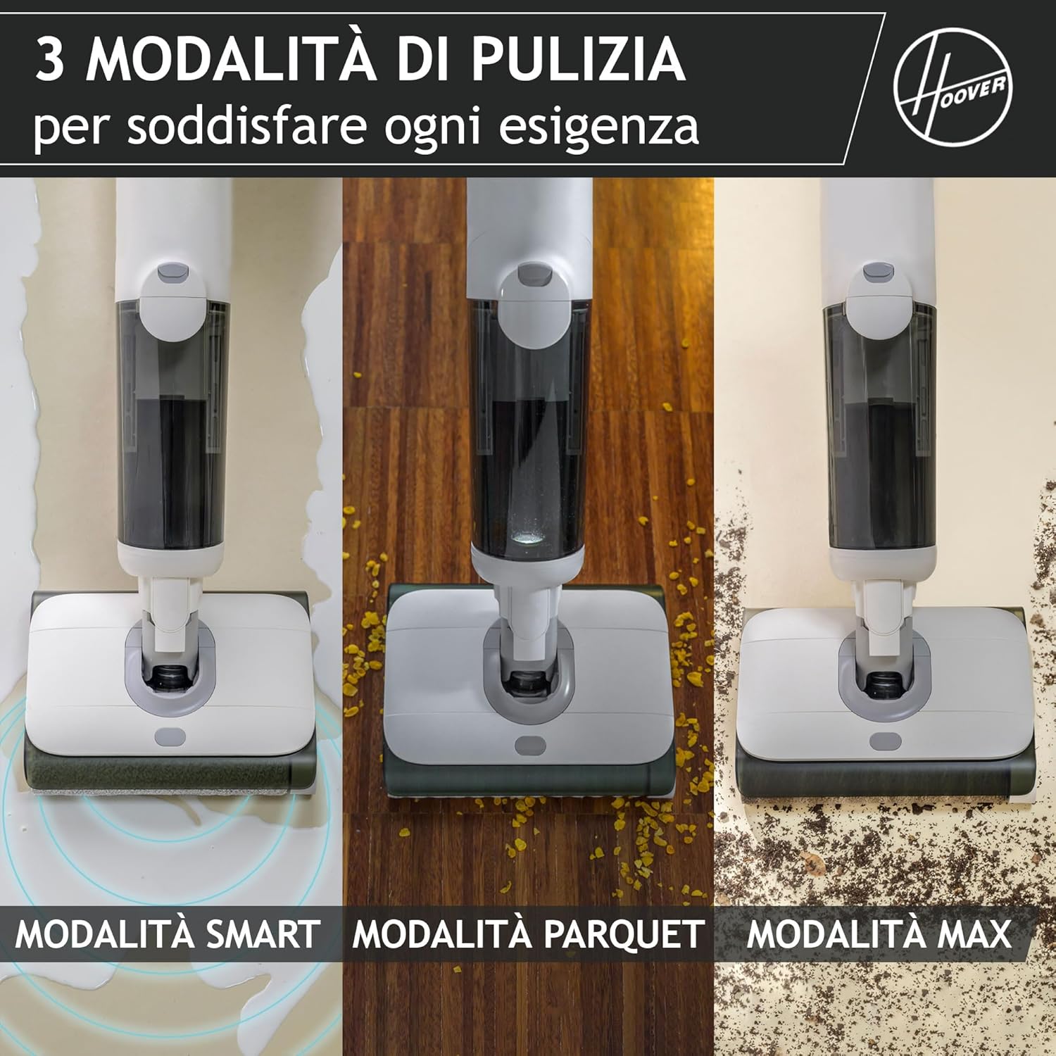 Hoover Aspirapolvere e lavapavimenti senza fili HW5 per pavimenti delicati e duri, Potenza 230W, Sistema a doppio rullo, 3 modalità, Funzione di autopulizia [HW500]