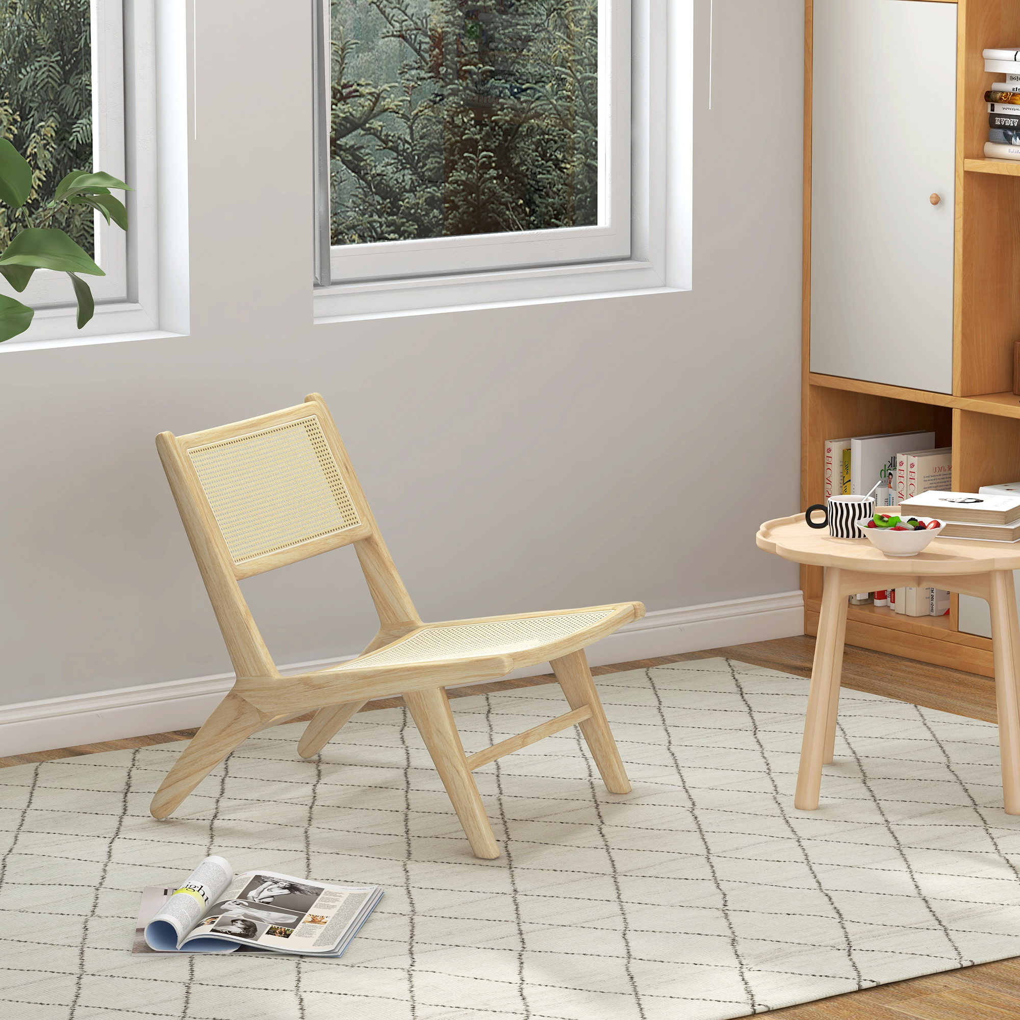 HOMCOM Loungesessel Relax Stuhl Flechtwerk Sitzlehne - Tiefer Sitz - Kautschukholzgestell - Natur