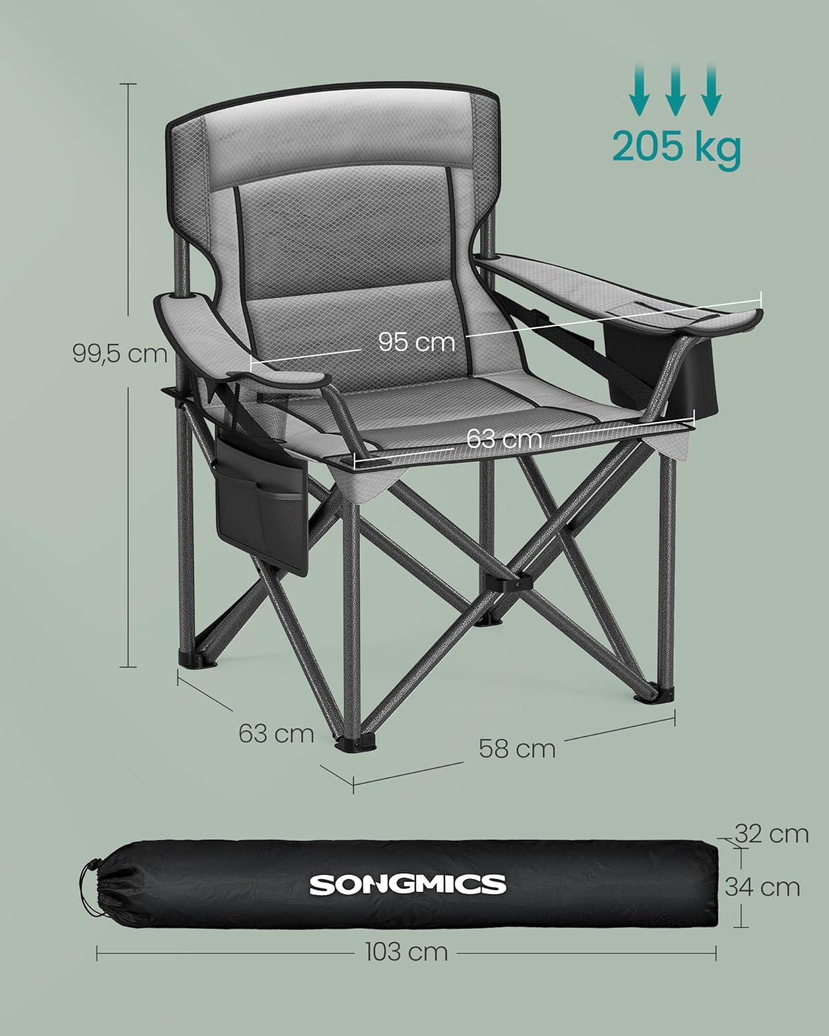 SONGMICS Sedia da Campeggio Imbottita Extra-Large, Comoda Sedia Pieghevole per Glamping all'Aperto, con Supporto Lombare, Borsa Termica, Portante 205 kg, Blu Porto GCB066Q01