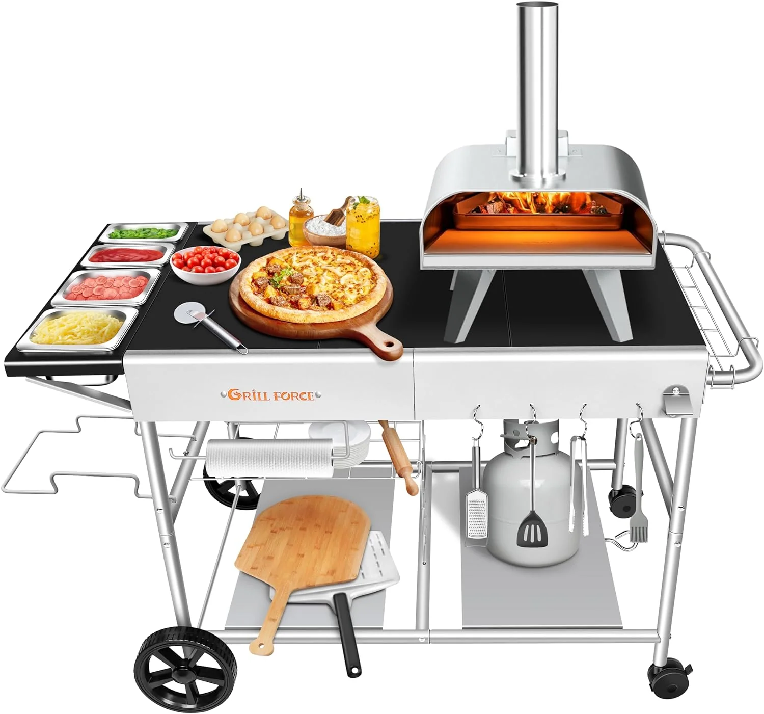 Pizza Oven Table with Topping Station, Movable Stand for Outdoor Grilling   Black