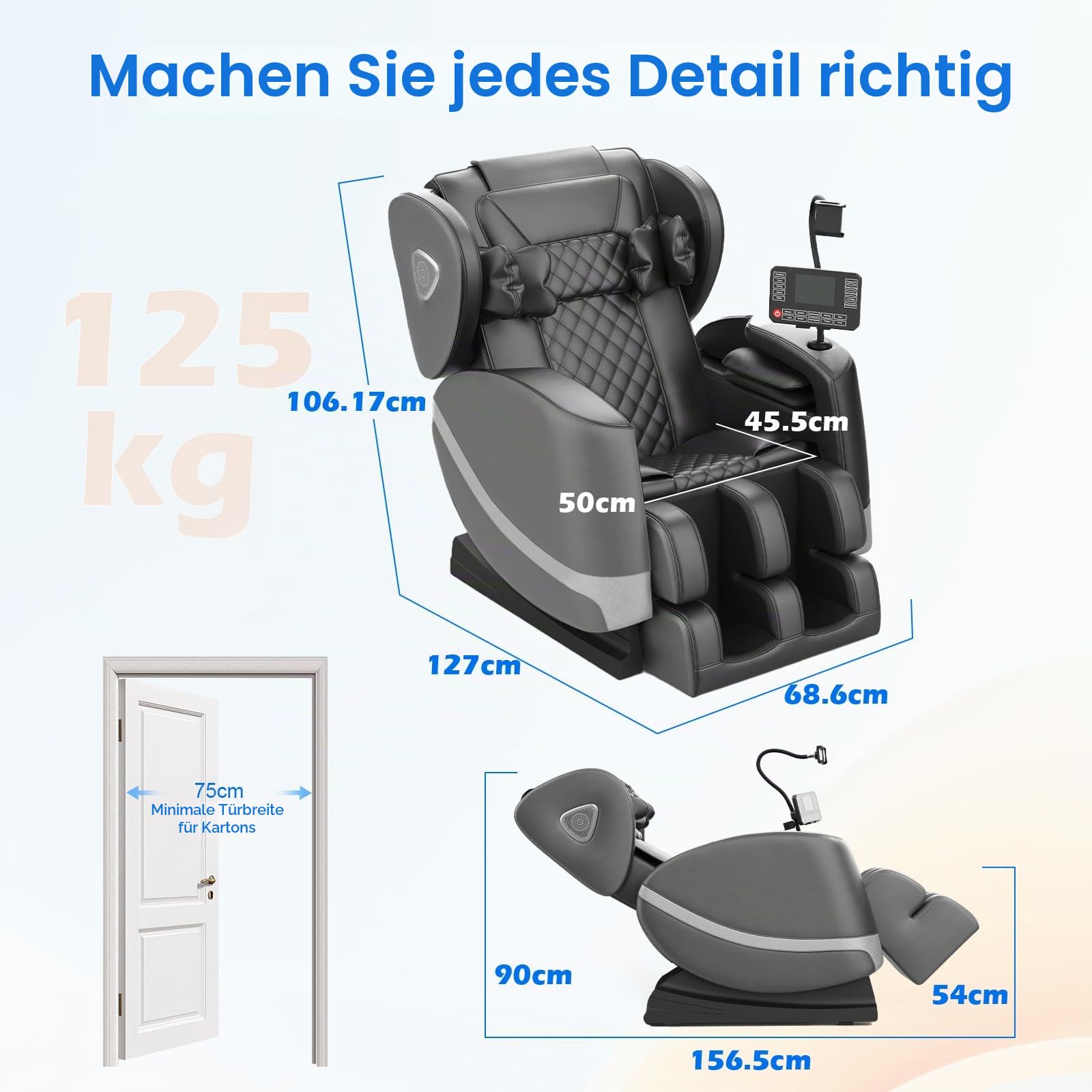 Massagesessel mit Zero-Gravity 14 Rollen 8 Luftkammern Wärmefunktion Rücken und Beine Fußmassage Bluetooth 2-in-1-Touchscreen
