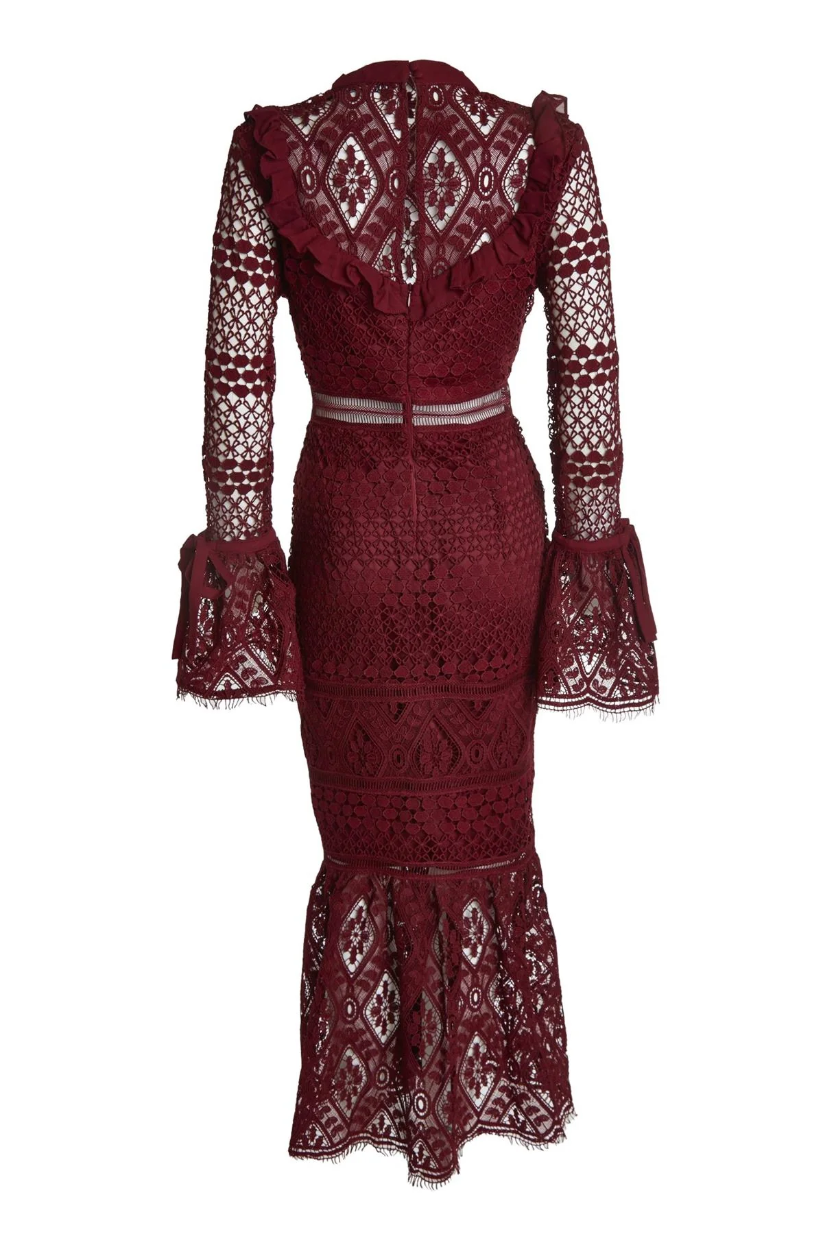 Jenna Burgundy Peplum-Sleeve Lace Midi Dress