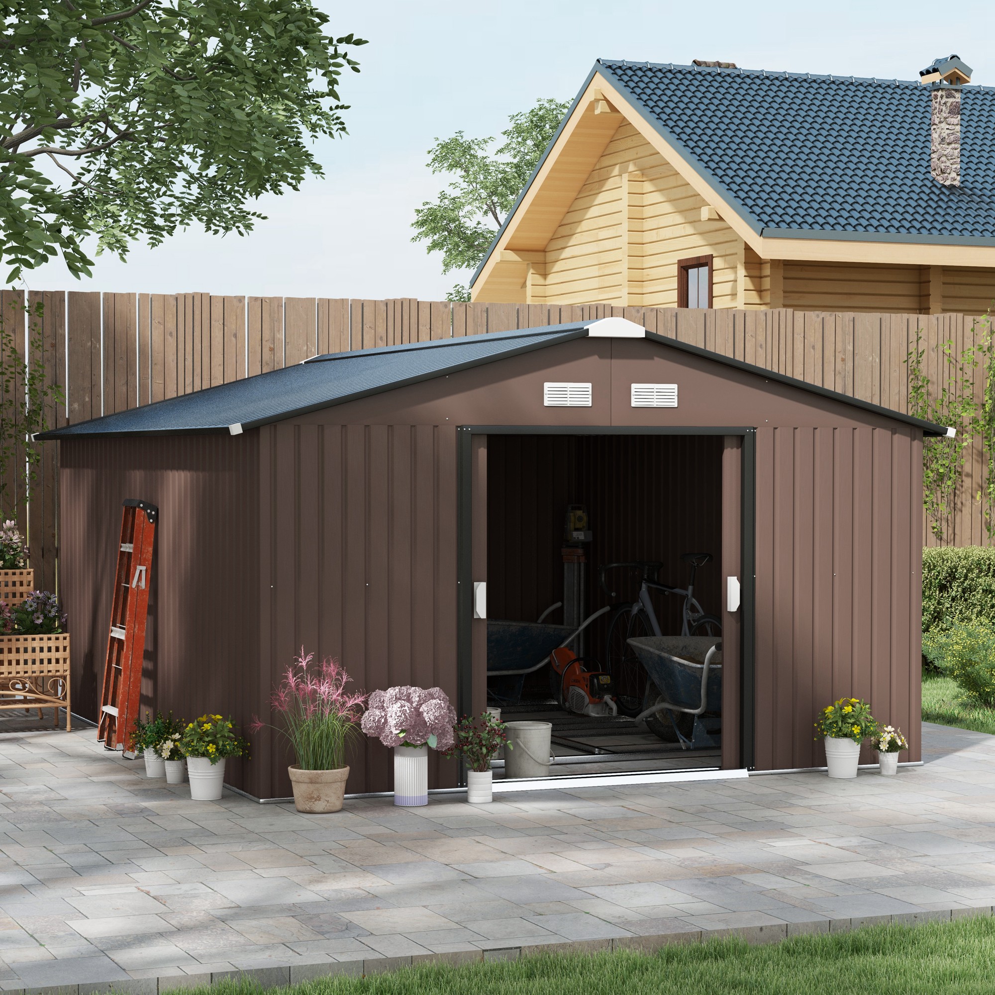 Outsunny Geräteschuppen, Wetterfestes Gartenhaus für Gartengeräte, mit Belüftungsfenstern, Schiebetüren, Stahl, Braun