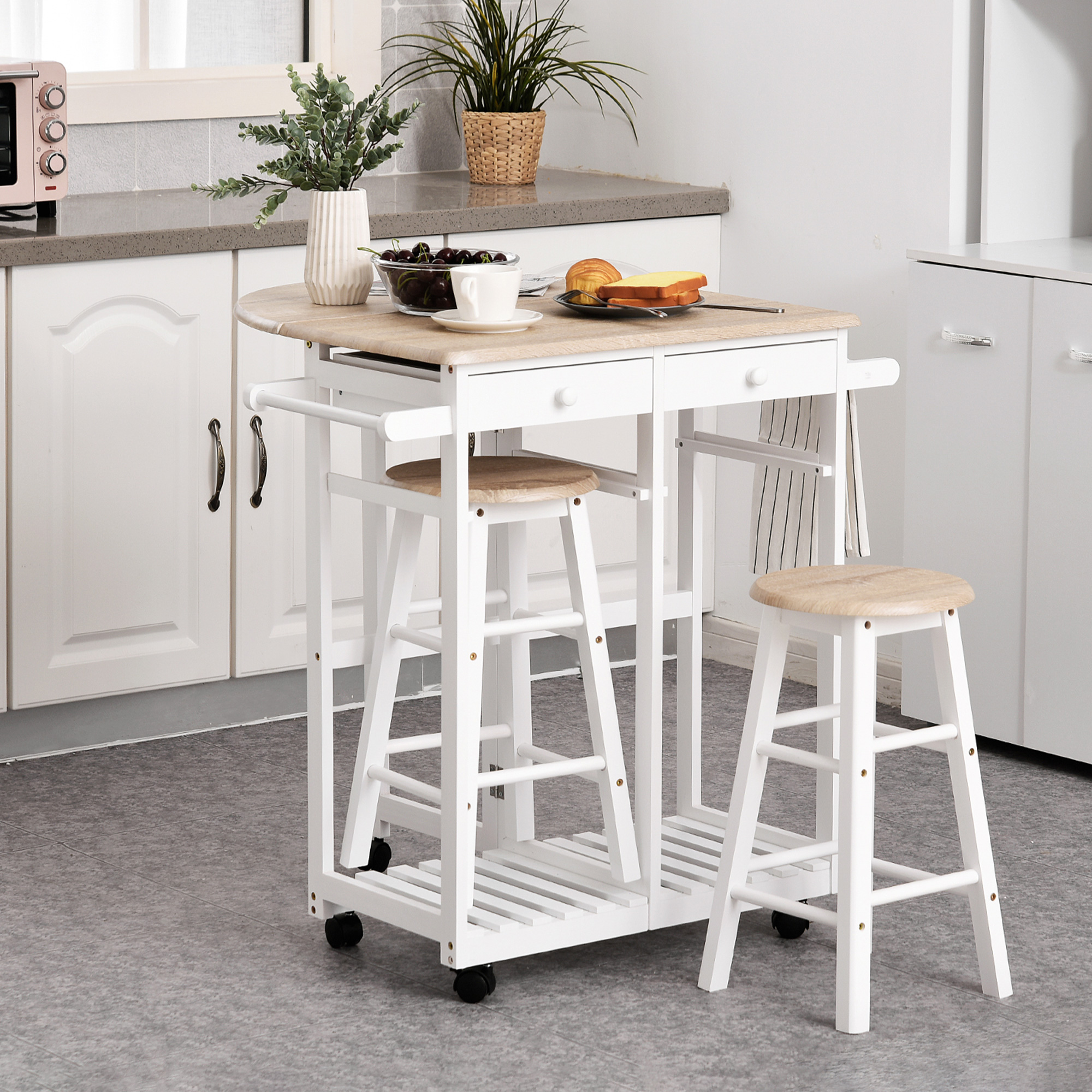 HOMCOM Bartisch-Set Klappbar auf Rollen mit Regal und 2 Schubladen + 2 Hocker Kiefernholz MDF Weiß Eiche Hell