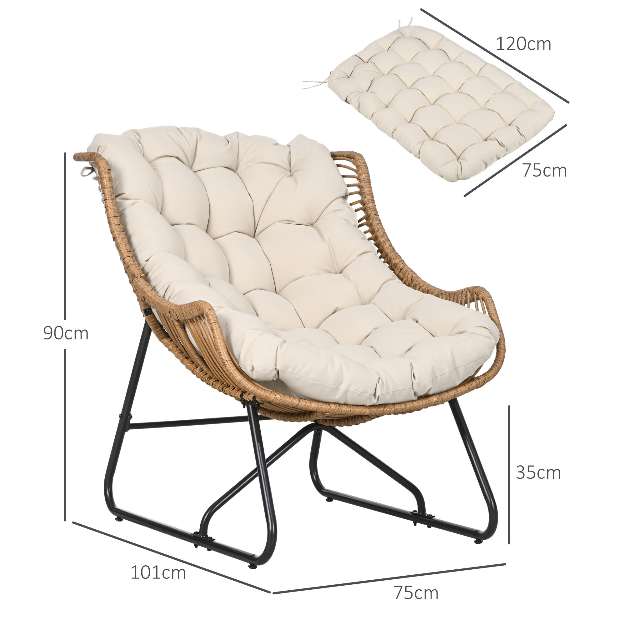 Outsunny Tuin Lounge, Rotan look, Buitensstoel, met Kussen, Metalen frame, 75x101x90 cm, Natuur/Khaki/Zwart