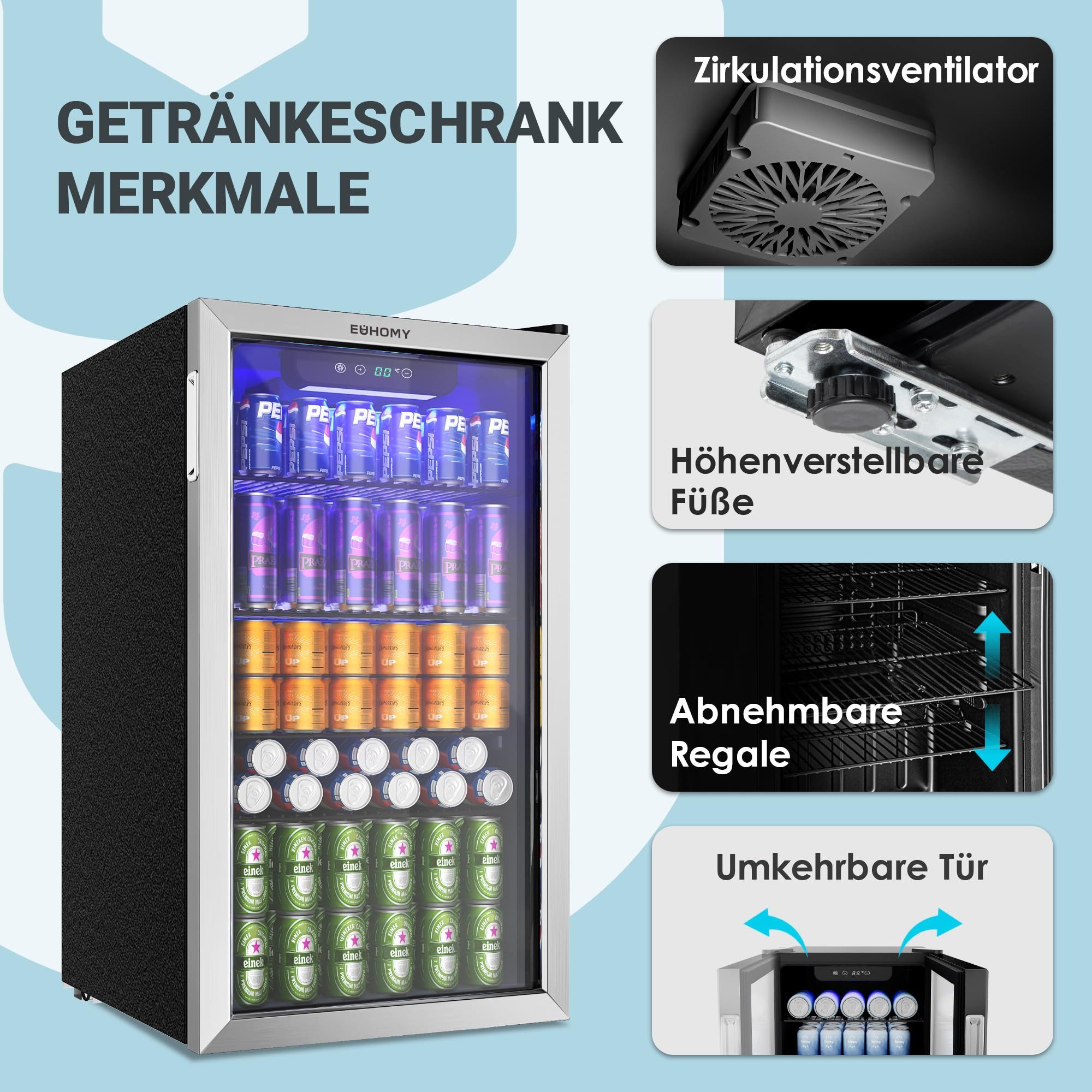 Getränkekühlschrank 90L Mini-Kühlschrank für 126 Dosen mit verstellbaren Ablage Getränkekühlschrank