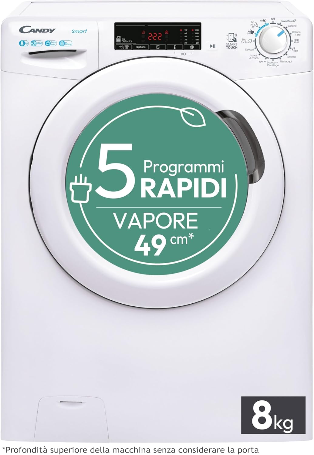 Candy Smart Lavatrice 8kg, carica frontale, Classe B, 1200 giri, 16 Programmi, Cicli Rapidi, Partenza Ritardata, Connessa NFC, Trattamento a Vapore, 85 x 60 x 53 cm, Bianco – CSS128TW4-11